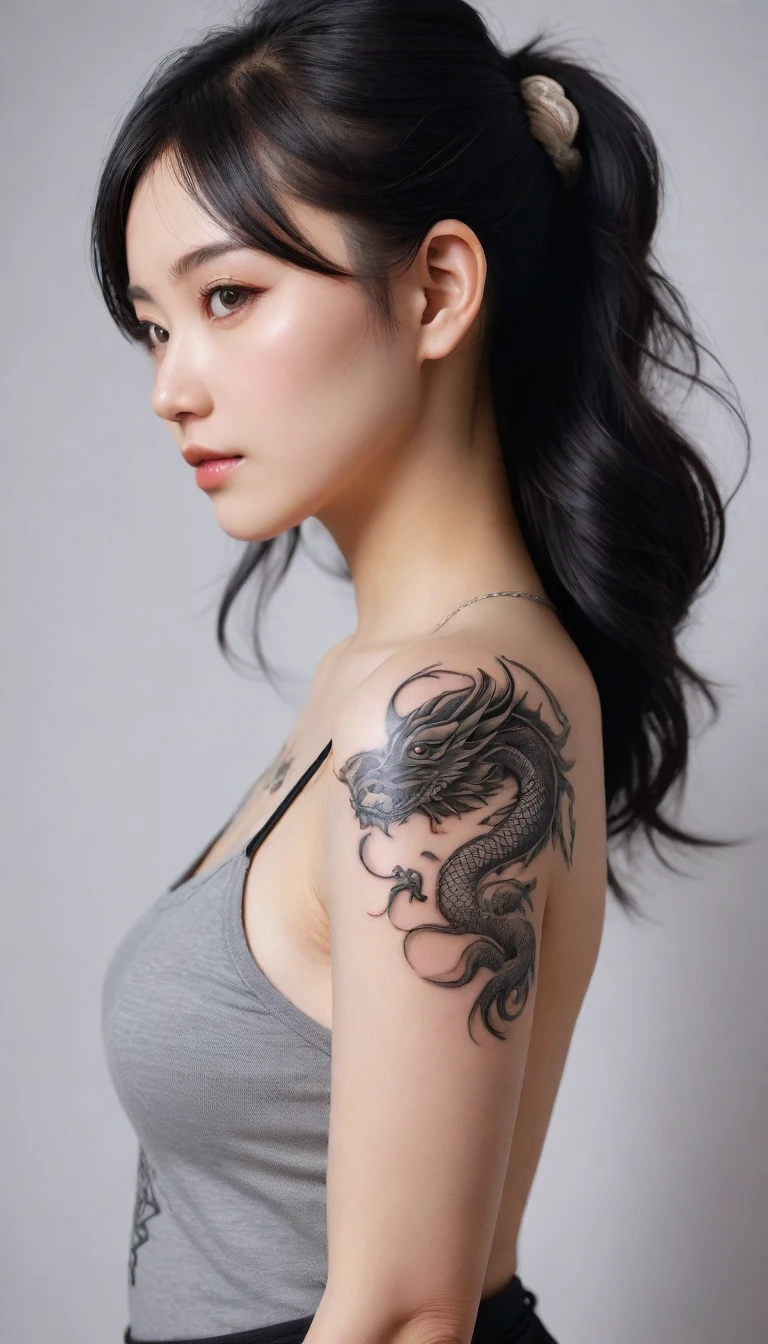 arafed asian woman with a dragon tattoo on her arm, of taiwanese girl with tattoos, beautiful realistic upper body, temporary tattoo, photograph of a sleeve tattoo, arm tattoo, oriental tattoos, arm tattoos, tattoo on upper arm, down left arm and back, kanji tattoos and decals, tattoo sleeve on her right arm, tattoo style, detailed realistic beautiful