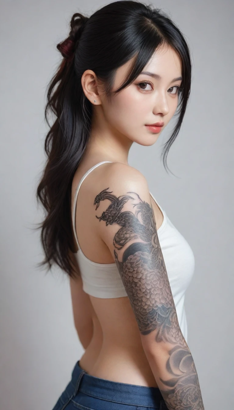 arafed asian woman with a dragon tattoo on her arm, of taiwanese girl with tattoos, beautiful realistic upper body, temporary tattoo, photograph of a sleeve tattoo, arm tattoo, oriental tattoos, arm tattoos, tattoo on upper arm, down left arm and back, kanji tattoos and decals, tattoo sleeve on her right arm, tattoo style, detailed realistic beautiful