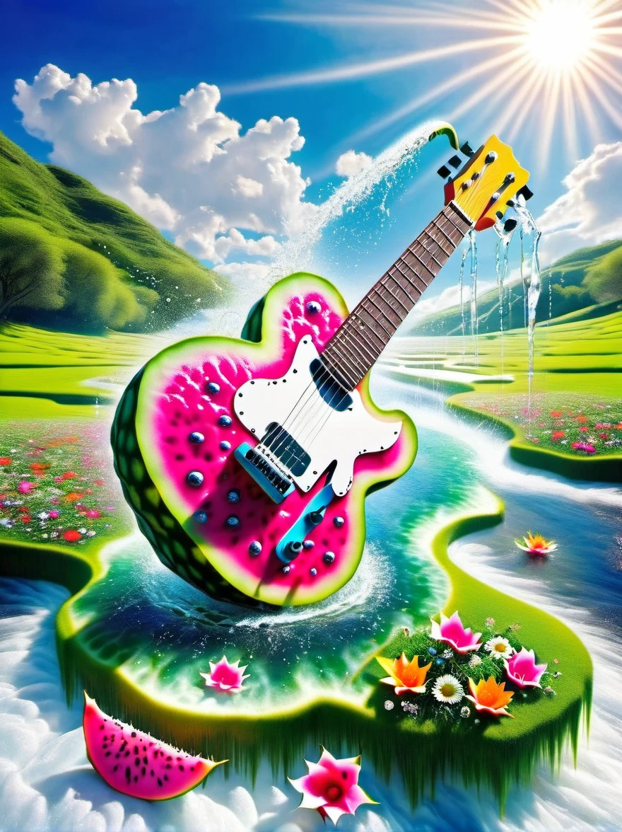 A guitar made of dragon fruit floats in the river, half leaking out, surrounded by a small amount of green grass and flowers. The sunlight shone on its face, creating a beautiful scene. It has a surreal style, bright colors, and high-definition photography. I can't believe how beautiful these photos are! High definition, high-resolution, wide-angle lens, panoramic, water splashing effect, floating instrument, natural scenery, brilliant sunshine. Surrealist style, ((Marc Chagall style)), Amazing naive art, primitivism, original gene,((best quality, masterpiece)), (higher detail), Impressionism:1.1, 8K