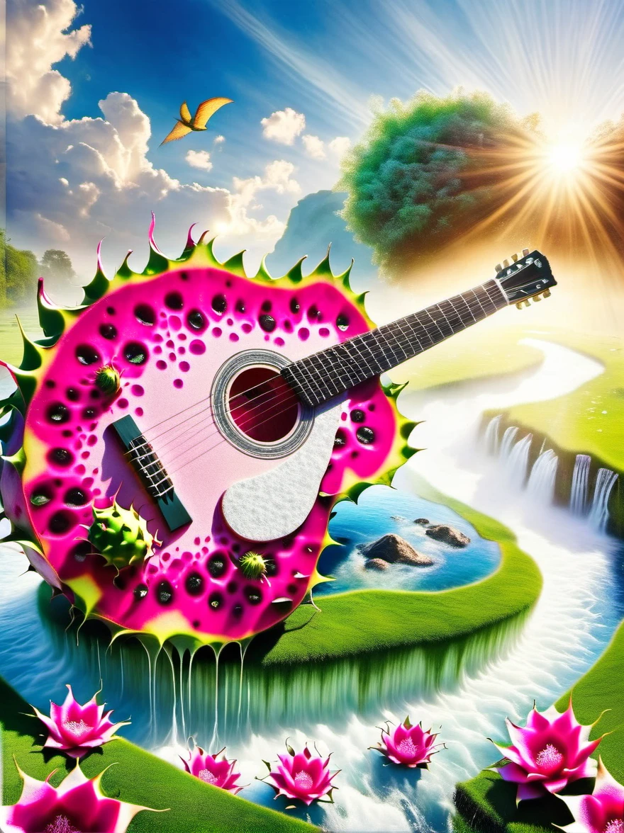 A guitar made of dragon fruit floats in the river, half leaking out, surrounded by a small amount of green grass and flowers. The sunlight shone on its face, creating a beautiful scene. It has a surreal style, bright colors, and high-definition photography. I can't believe how beautiful these photos are! High definition, high-resolution, wide-angle lens, panoramic, water splashing effect, floating instrument, natural scenery, brilliant sunshine. Surrealist style, ((Marc Chagall style)), Amazing naive art, primitivism, original gene,((best quality, masterpiece)), (higher detail), Impressionism:1.1, 8K