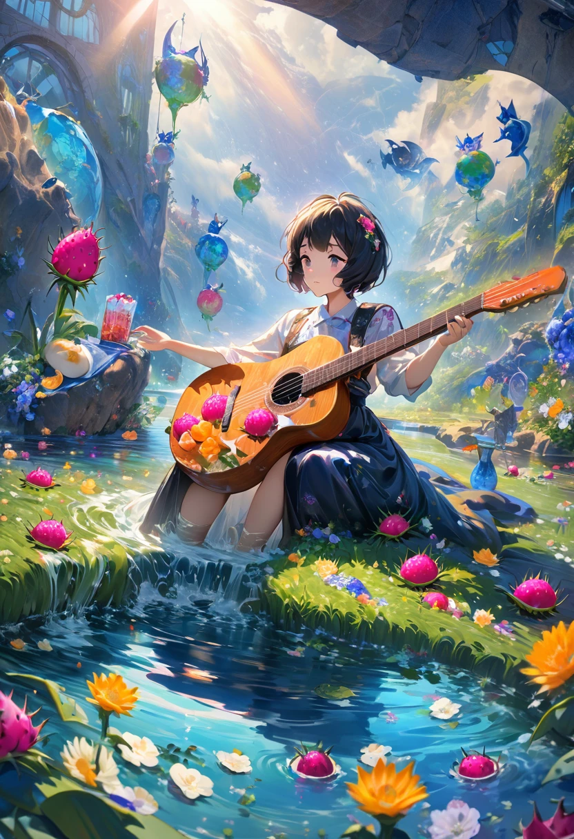 A guitar made of dragon fruit floats in the river, half leaking out, surrounded by a small amount of green grass and flowers. The sunlight shone on its face, creating a beautiful scene. It has a surreal style, bright colors, and high-definition photography. I can't believe how beautiful these photos are! High definition, high-resolution, wide-angle lens, panoramic, water splashing effect, floating instrument, natural scenery, brilliant sunshine. Surrealist style, ((Marc Chagall style)), Amazing naive art, primitivism, original gene,((best quality, masterpiece)), (higher detail), Impressionism:1.1, 8K