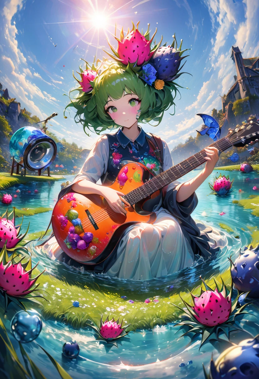 A guitar made of dragon fruit floats in the river, half leaking out, surrounded by a small amount of green grass and flowers. The sunlight shone on its face, creating a beautiful scene. It has a surreal style, bright colors, and high-definition photography. I can't believe how beautiful these photos are! High definition, high-resolution, wide-angle lens, panoramic, water splashing effect, floating instrument, natural scenery, brilliant sunshine. Surrealist style, ((Marc Chagall style)), Amazing naive art, primitivism, original gene,((best quality, masterpiece)), (higher detail), Impressionism:1.1, 8K