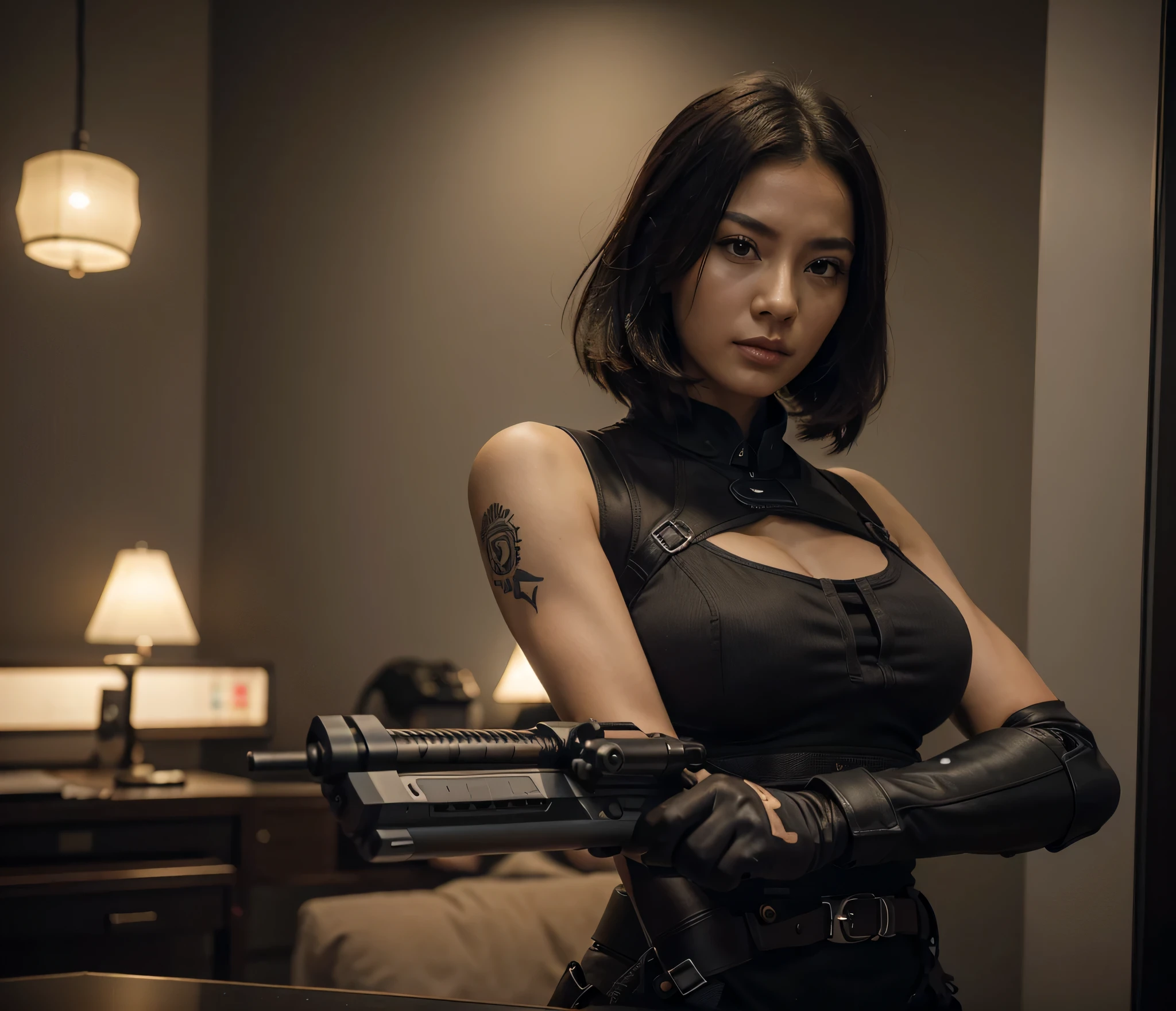 the most beautiful woman soldier, face of a beautiful chinese woman, serious expression, short black hair, tattoo on the arm, mucular body, worked abs, short light gray toptank with wide colorful neckline You can see her abs, toptank tactico, chinese style brown military pants with purple detail, tactical gloves, Harnesses and belts with ammunition, holsters, she is holding a laser pistol, she is in a futuristic Chinese military base, ultra Realistic, ultra detailed, hyper Realistic, 4k, ultra detailed image, Realistic , highly detailed, perfect composition, beautiful, Intricately detailed, incredibly detailed, 8 k artistic photography, hyper detailed, ultra Realistic masterpiece, ultra detailed, hyper Realistic, 4k, ultra detailed image, Realistic, highly detailed, perfect composition, beautiful, Intricately detailed, incredibly detailed, 8 k artistic photography, hyper detailed, masterpiece