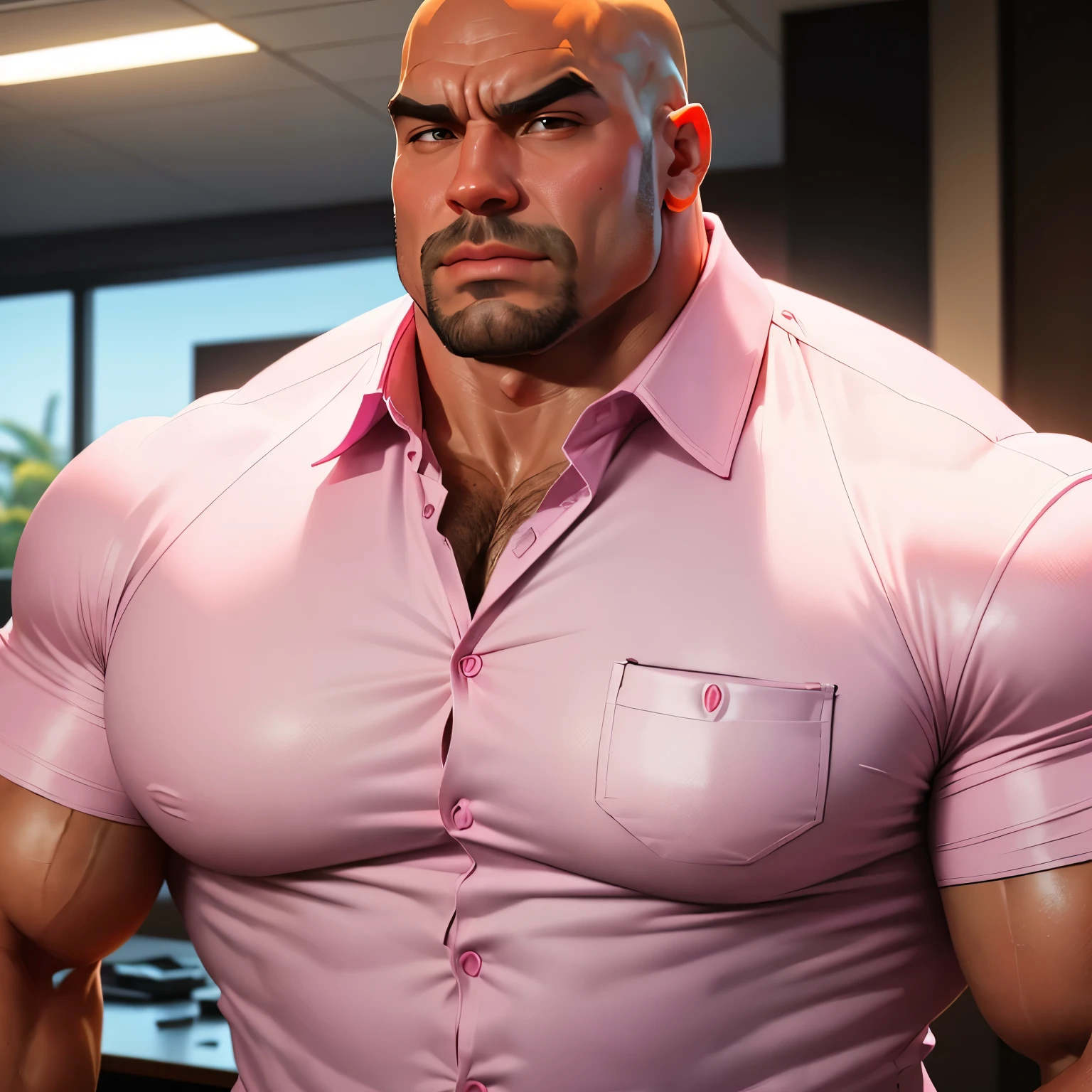 an exaggeratedly muscular and large bald bodyguard, beefy build, mixed race, (wearing pink business casual collared shirt: 1.2), name tag, (bara pecs: 1.3), (arm and chest hair: 1.1), close-up portrait HD, bright corporate office with large windows
