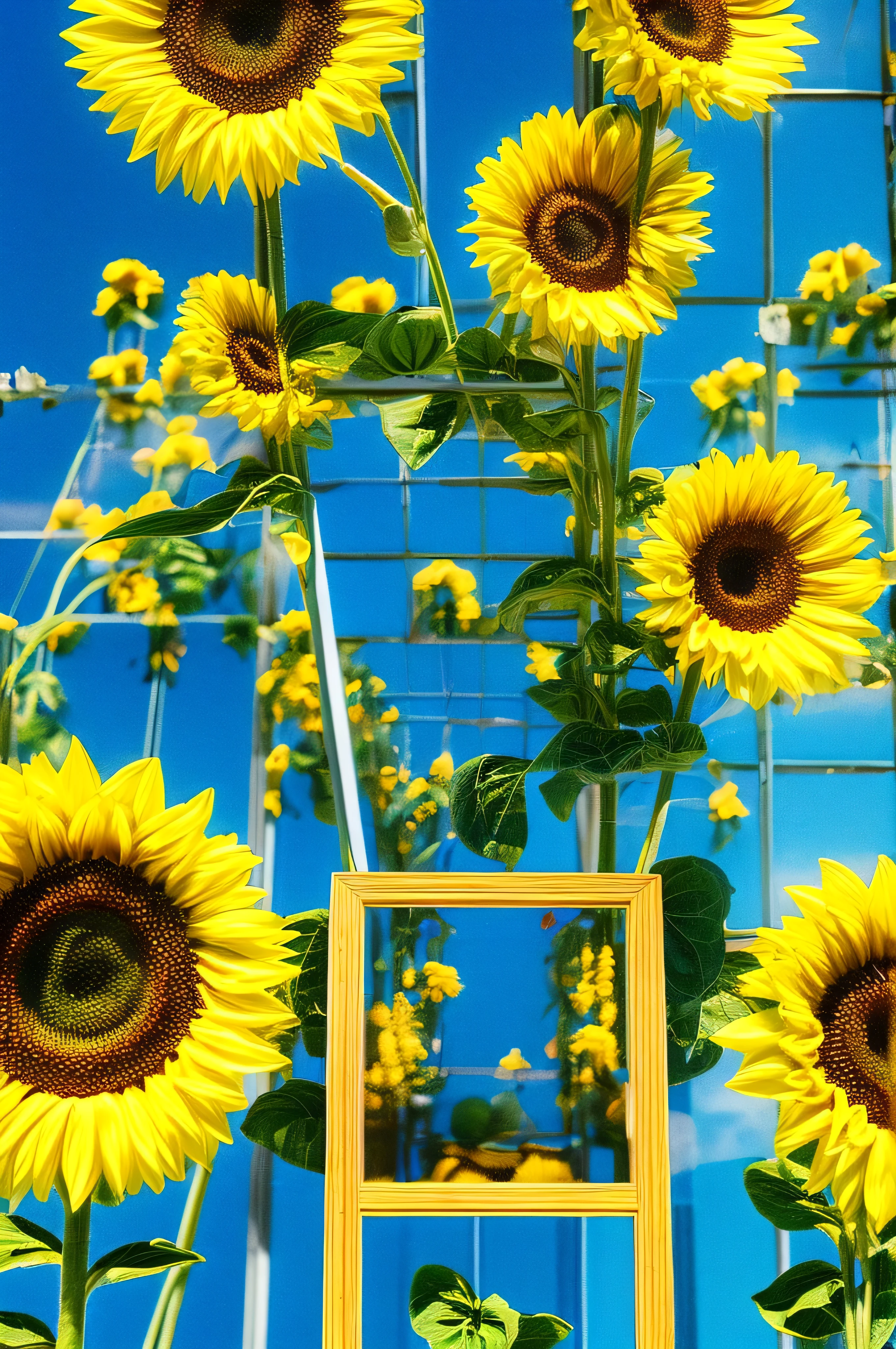 a sunflower pattern filling the frame like a sunflower field, top view, close, sunflowers, 50mm, sunflower filling up the frame 
