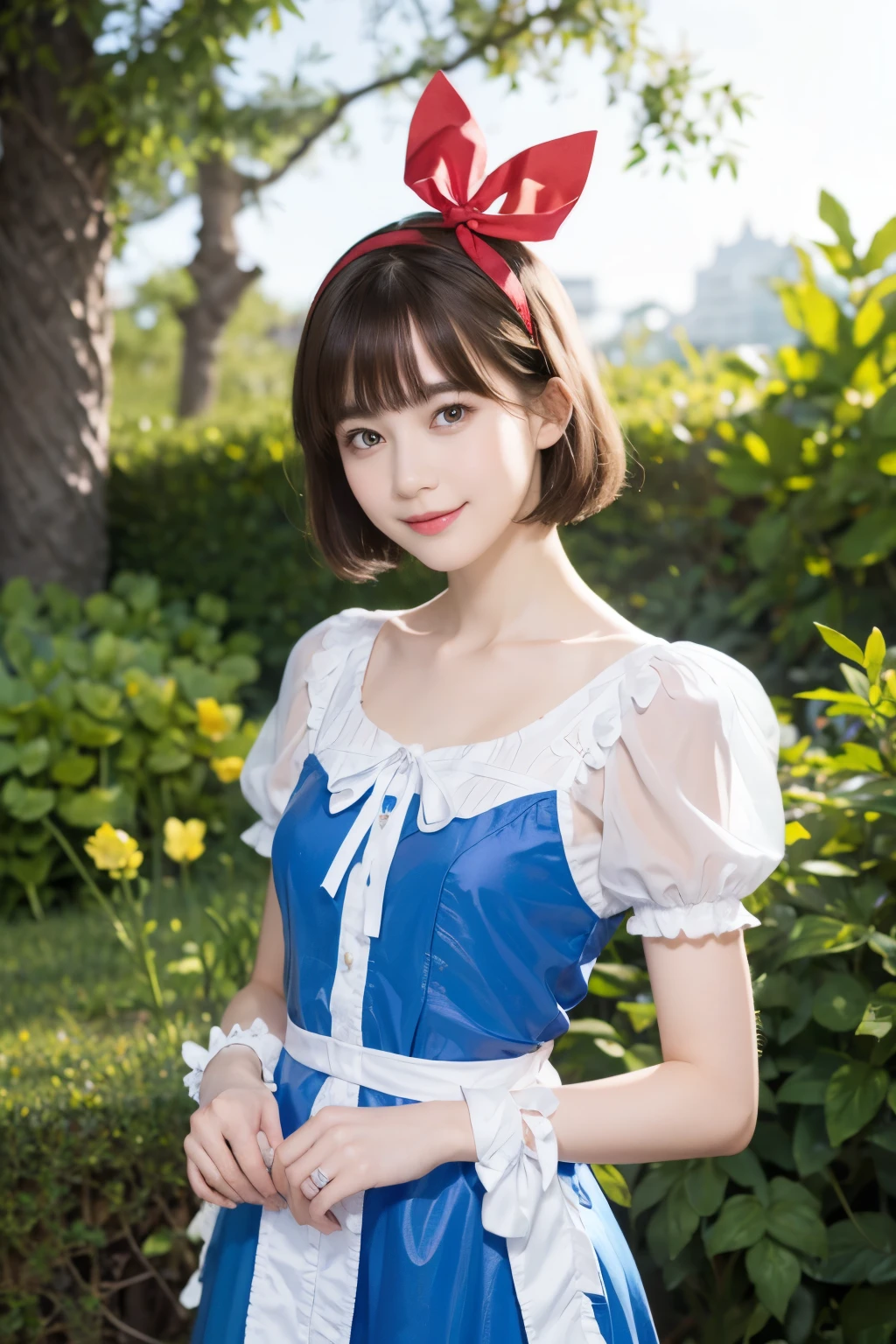 (alice in wonderland), 1, (He wears a large triangular ribbon on his head.....), short hair, young woman, gentle smile, colorful clothes