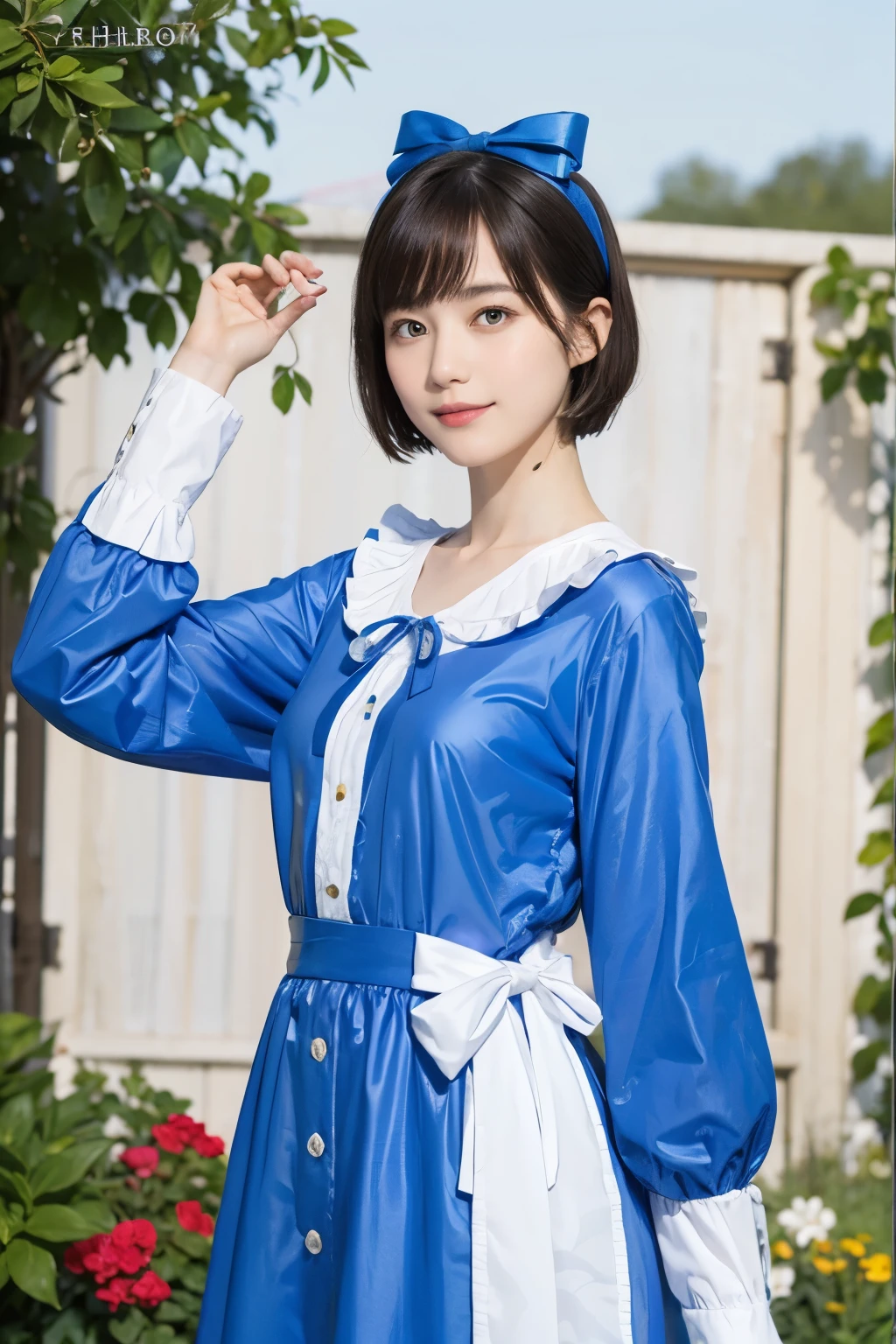 1 (alice in wonderland), (He wears a large triangular ribbon on his head.........), short hair, young woman, gentle smile, colorful clothes
