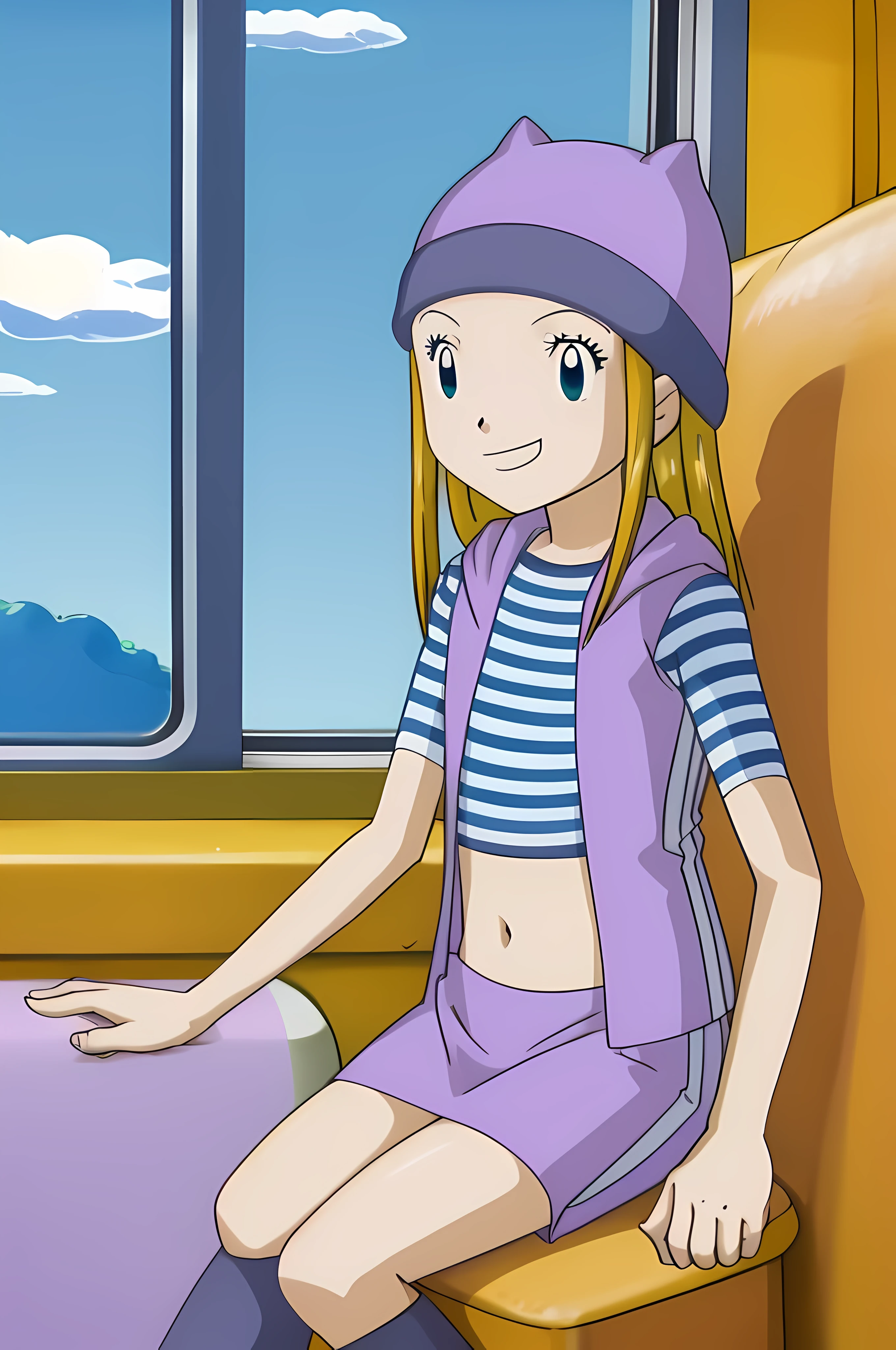 zoe orimoto, purple beanie, purple vest, purple miniskirt, blue white striped shirt, purple socks, sneakers, midriff, blond hair, smile, seated, traveling on a train, opened window, hair moving by the wind, grabbing the hair