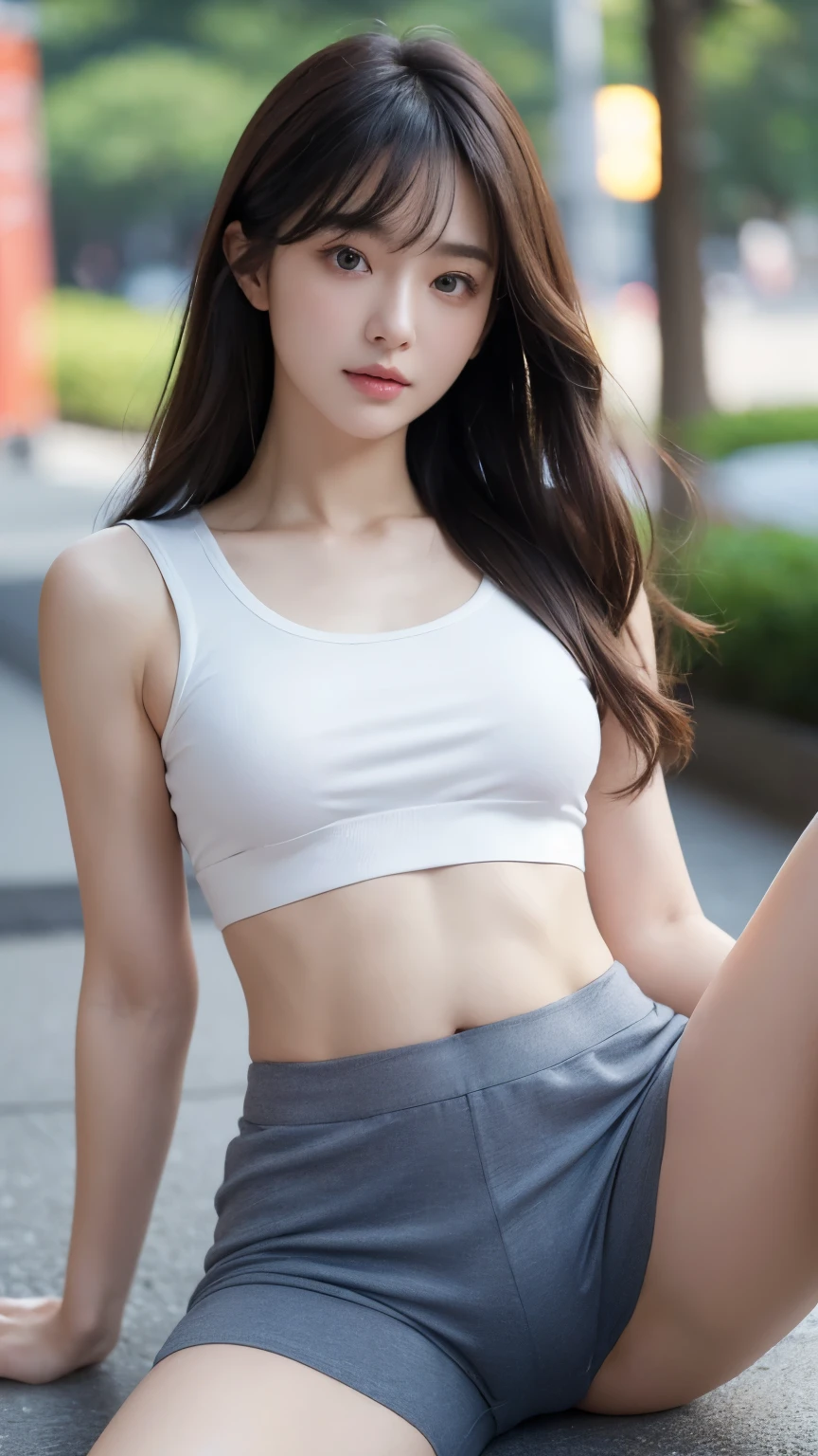 (​masterpiece:1.3), (8K, Photorealsitic, Raw photography, Top image quality: 1.4), japanes, (1girl in), beauitful face, (Lifelike face), Beautiful hairstyle, realisitic eyes, Eyes in Beautiful Details, (realisitic skin), Beautiful skins, enticing, 超hight resolution, super realistic, high detailing, the golden ratio, (Detal Face:1.2), see the beholder,masutepiece, Best Quality, Ultra-detailed, finely detail, hight resolution, Composition of the whole body、Open Legs Pose、Bold legs open、Beautiful detailed eyes, fitness wear, Natural Color Lip,Photorealsitic、realisitic、solo、Photorealsitic、top-quality、extra detailed face、extremely detailed eye and face、beatiful detailed eyes、absurderes、incredibly absurderes、hair messy、Floating hair、Brown hair、Wavy hairstyle、Middle hair、(extremely details CG、8K Picture Wallpaper)、(extremely delicate and beautiful)、(​masterpiece)、(top-quality:1.0)、(超hight resolution:1.0)、beautiful  lighting、perfect lightning bolt、realisitic shadow、[hight resolution]、Detailed skin、Ultra-detailed細、detailed faces and eyes、Realistic eyes、Beautiful face with sharp eyes、plein air、Downtown Japan、In the hustle and bustle、blurry backround、shinny skin、Blunt bangs、Red Eye、(a sailor suit1.2)、a sailor suit、Super high quality photos, The 8k quality, plein air―, Full body composition, looking in camera, Japan 20-year-old woman, Perfect beauty, Pore-visible texture, Perfect facial features, clear bare skin, clear bare skin, Beautiful toned body, muscular, slender, Poor breasts, Toned buttocks with small breasts、Small weavers at a Japanese school, Seamless design, ((((Monochromatic bloomers, Bloomers are dark blue, tight fitted、Bloomers are elastic fabrics、The length of the bloomer is from the navel３ｃｍThe following degrees,))))) )Legs wide open、、deadpan、(Face turned to the side、))(((Outerwear Sarah Clothes))))