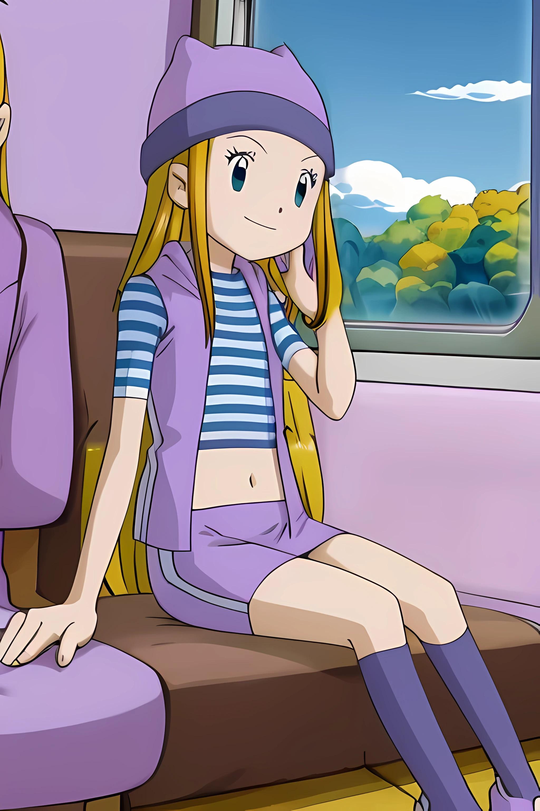 zoe orimoto, purple beanie, purple vest, purple miniskirt, blue white striped shirt, purple socks, sneakers, midriff, blond hair, smile, seated, traveling on a train, opened window, hair moving by the wind, grabbing the hair