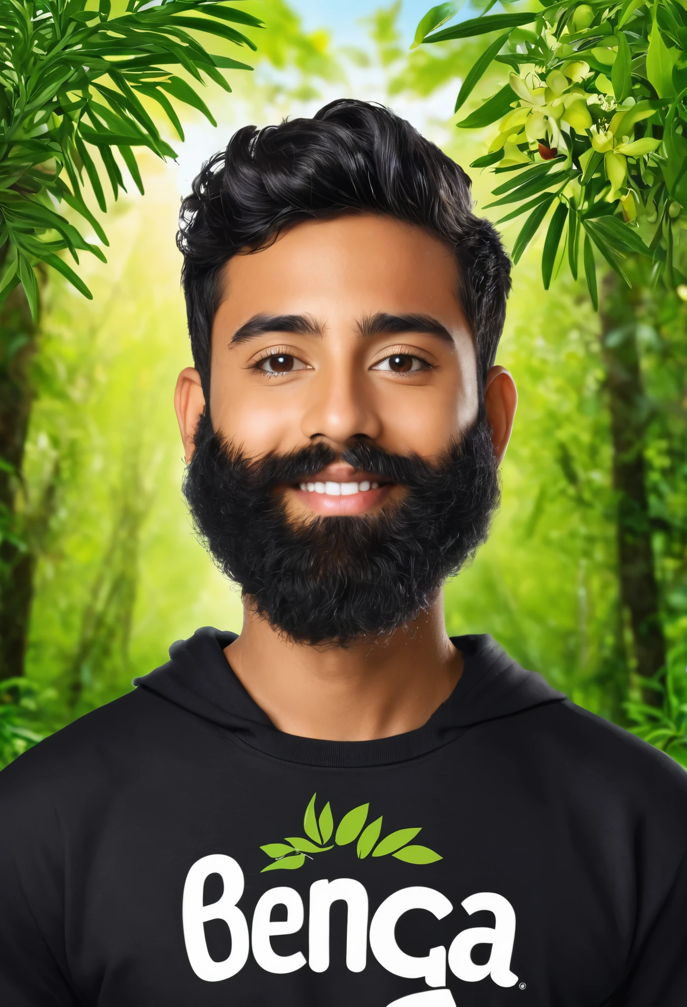 Create me a logo mascot where the boy is a lover of nature, que tenga cabello negro, que tenga barba, que tenga sudadera negra y abajo tenga las letras HECTOR.