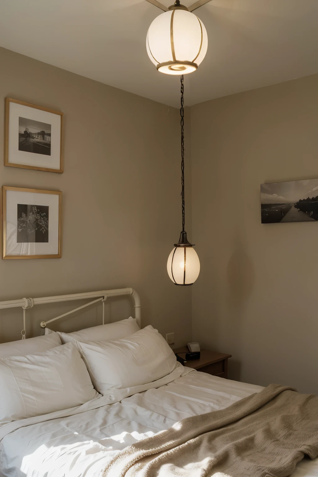 a bedroom with hanging lamps