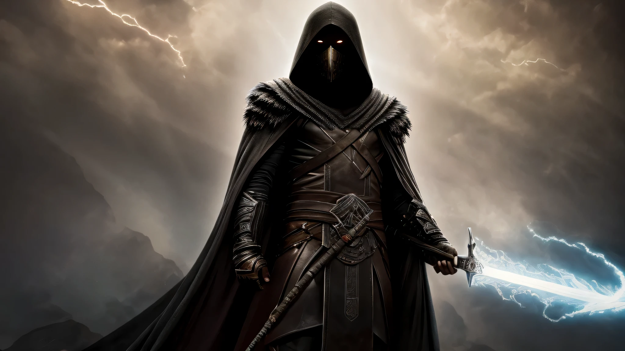 (best quality,ultra resolution,highres,masterpiece:1.2),professional,ultra-detailed, desenhe um homem alto e esguio, shrouded in a blanket of absolute darkness. His eyes shine with unearthly intensity through the shadows of the hood, emanating an aura of forbidden wisdom and mystery. His posture is erect and imposing, trevas, transmitindo autoridade e poder.