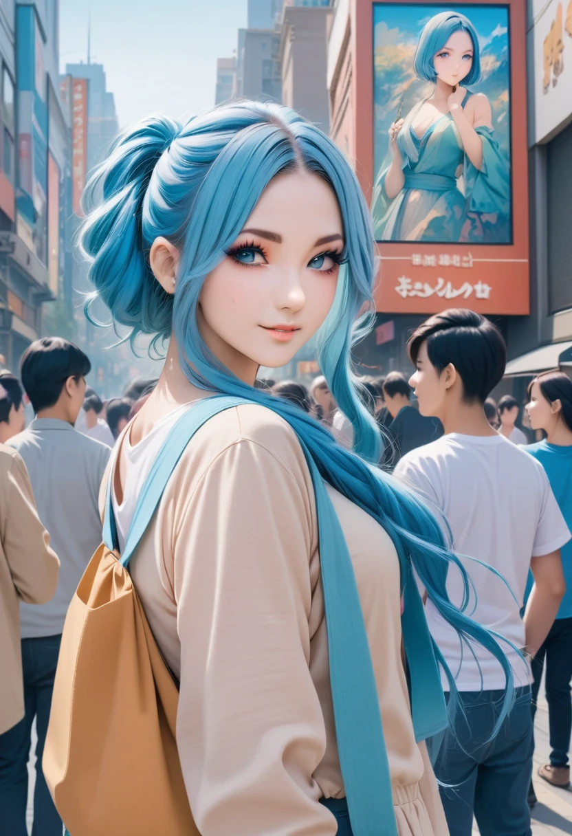 (best quality,4k,8k,highres,masterpiece:1.2),ultra-detailed,on the billboard in the city's cinema, a large poster of the movie with the name "AISHA HANABI", blue hair with side pigtsils, in the background a crowd of people on the streets of a city, (art deco), 70's, japan,