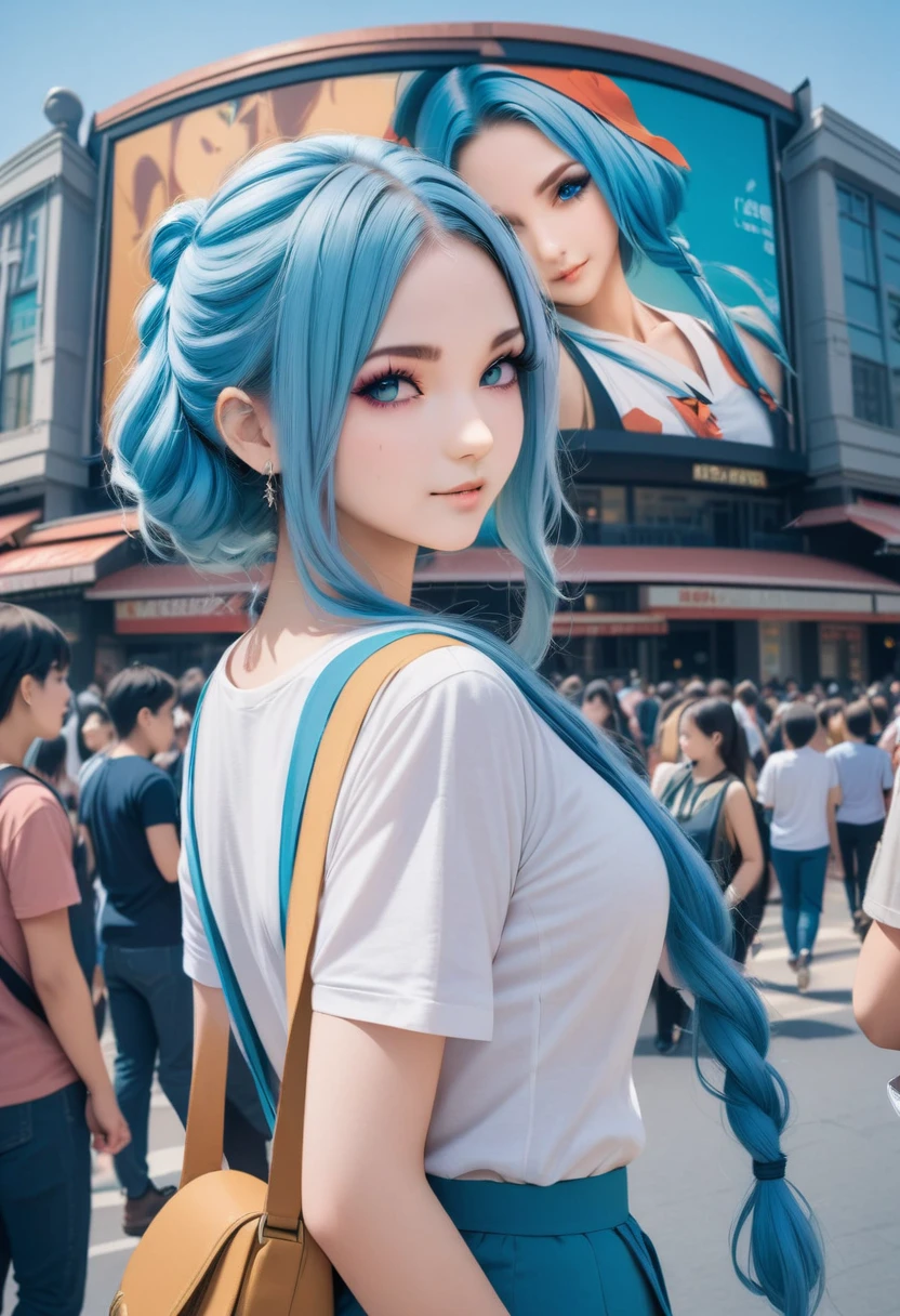 (best quality,4k,8k,highres,masterpiece:1.2),ultra-detailed,on the billboard in the city's cinema, a large poster of the movie with the name "AISHA HANABI", blue hair with side pigtsils, in the background a crowd of people on the streets of a city, (art deco), 70's, japan,
