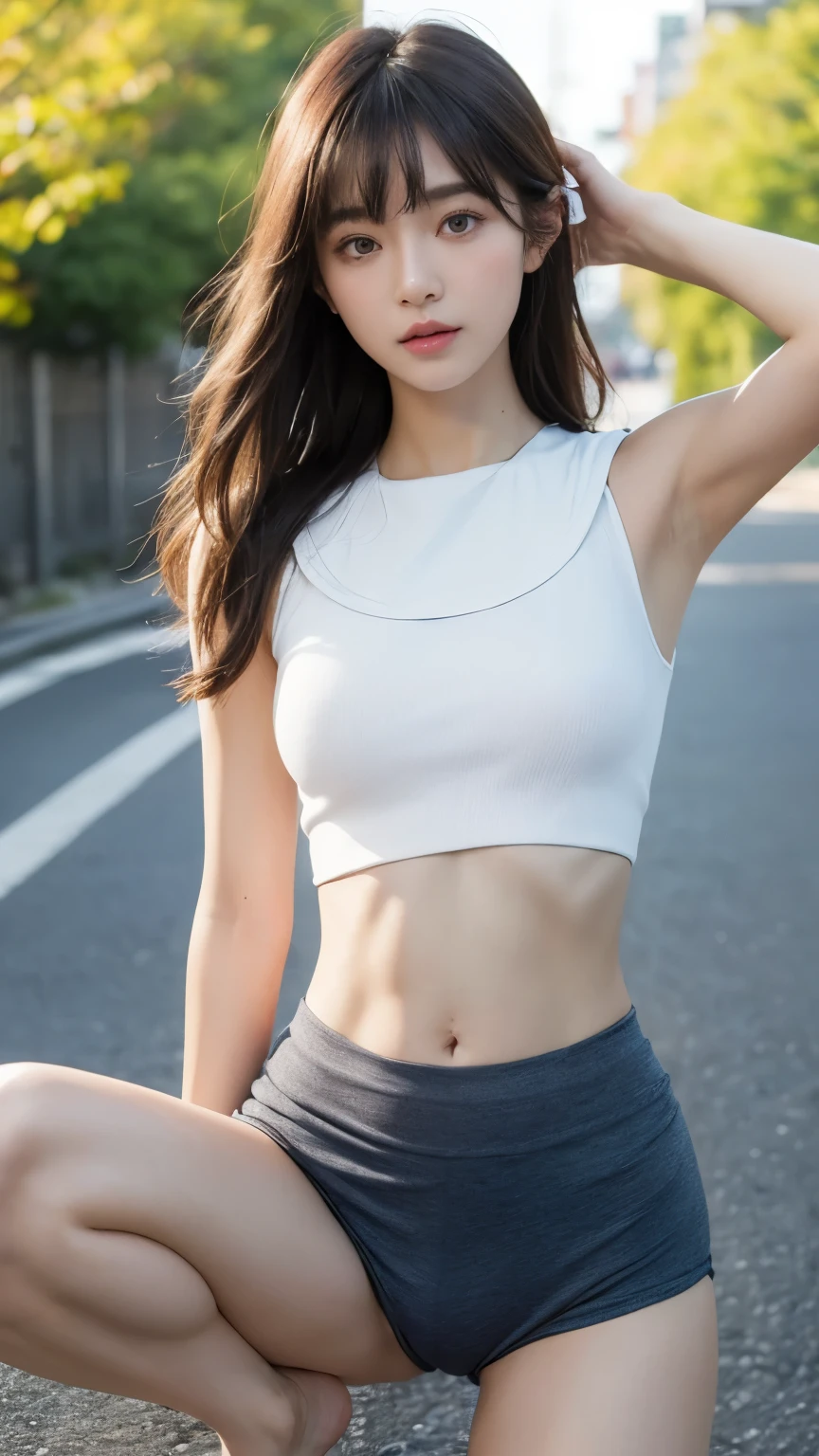 (​masterpiece:1.3), (8K, Photorealsitic, Raw photography, Top image quality: 1.4), japanes, (1girl in), beauitful face, (Lifelike face), Beautiful hairstyle, realisitic eyes, Eyes in Beautiful Details, (realisitic skin), Beautiful skins, enticing, 超hight resolution, super realistic, high detailing, the golden ratio, (Detal Face:1.2), see the beholder,masutepiece, Best Quality, Ultra-detailed, finely detail, hight resolution, Composition of the whole body、Open Legs Pose、Bold legs open、Beautiful detailed eyes, fitness wear, Natural Color Lip,Photorealsitic、realisitic、solo、Photorealsitic、top-quality、extra detailed face、extremely detailed eye and face、beatiful detailed eyes、absurderes、incredibly absurderes、hair messy、Floating hair、Brown hair、Wavy hairstyle、Middle hair、(extremely details CG、8K Picture Wallpaper)、(extremely delicate and beautiful)、(​masterpiece)、(top-quality:1.0)、(超hight resolution:1.0)、beautiful  lighting、perfect lightning bolt、realisitic shadow、[hight resolution]、Detailed skin、Ultra-detailed細、detailed faces and eyes、Realistic eyes、Beautiful face with sharp eyes、plein air、Downtown Japan、In the hustle and bustle、blurry backround、shinny skin、Blunt bangs、Red Eye、(a sailor suit1.2)、a sailor suit、Super high quality photos, The 8k quality, plein air―, Full body composition, looking in camera, Japan 20-year-old woman, Perfect beauty, Pore-visible texture, Perfect facial features, clear bare skin, clear bare skin, Beautiful toned body, muscular, slender, Poor breasts, Toned buttocks with small breasts、Small weavers at a Japanese school, Seamless design, ((((Monochromatic bloomers, Bloomers are dark blue, tight fitted、Bloomers are elastic fabrics、The length of the bloomer is from the navel３ｃｍThe following degrees,))))) )Legs wide open、、deadpan、(Face turned to the side、))(((Outerwear Sarah Clothes))))