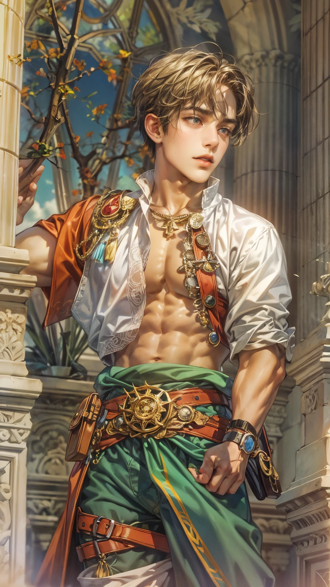 (absurdres, highres, ultra detailed, HDR), masterpiece, intricate details, best quality close-up picture of a character from Suikoden 5, an adventurer with handsome looks, cool hero, short hair, anime eyes, matured , fantastic outfit showing chest, crop top, detailed cathedral interiors, window beach scenery, detailed character, art kenouji