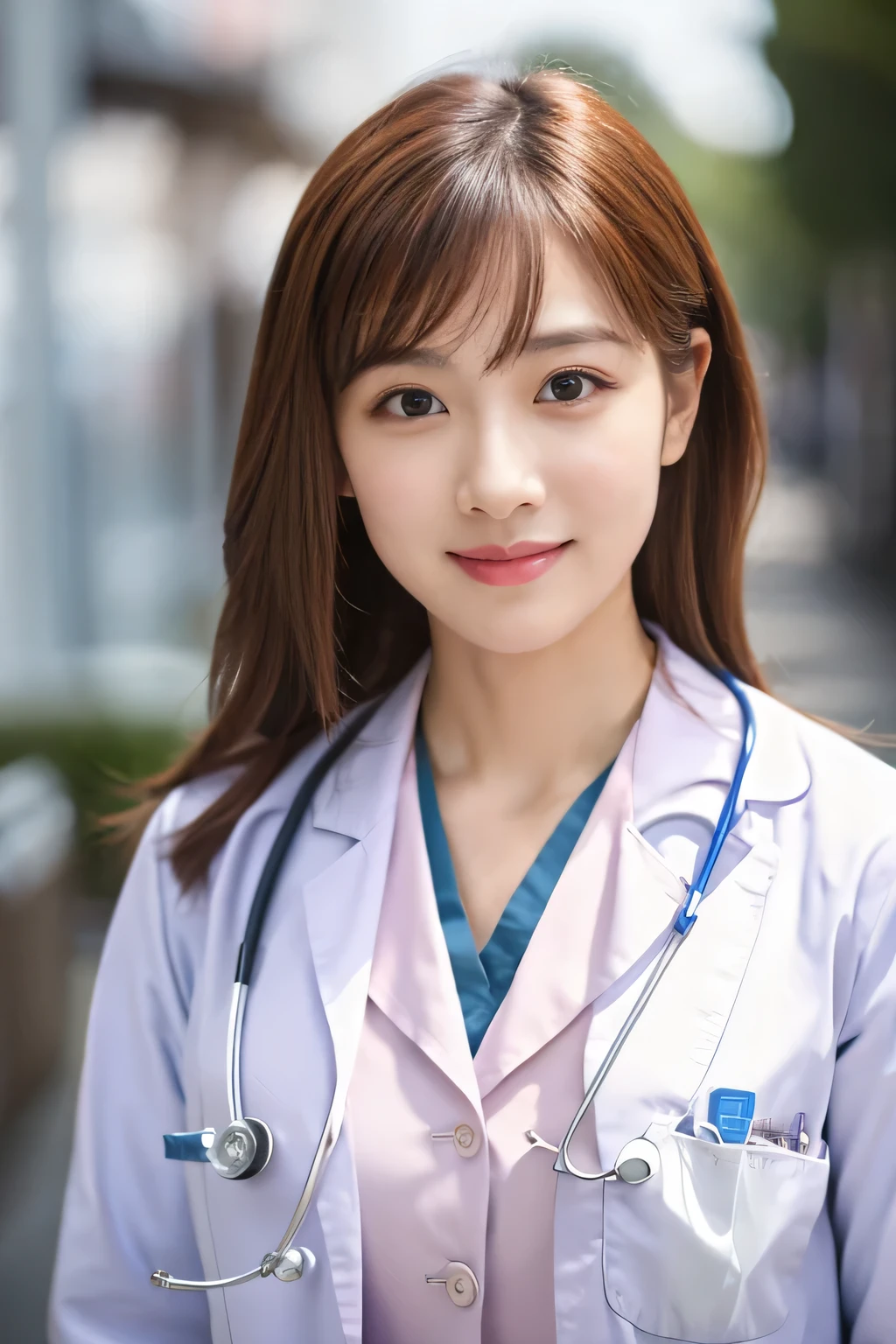 ((highest quality、8K、masterpiece:1.3))、sharp:1.2、perfect body beauty:1.4、slim body:1.2、beautiful face、Medium chest、cute smile、((Female doctor in her 20s:1.5))、(Sexy white coat that shows the chest:1.5)、(inside the hospital:1.2)、medium long hair、cute brown hair、Highly detailed face and skin texture、detailed eye、Looking at the camera、
