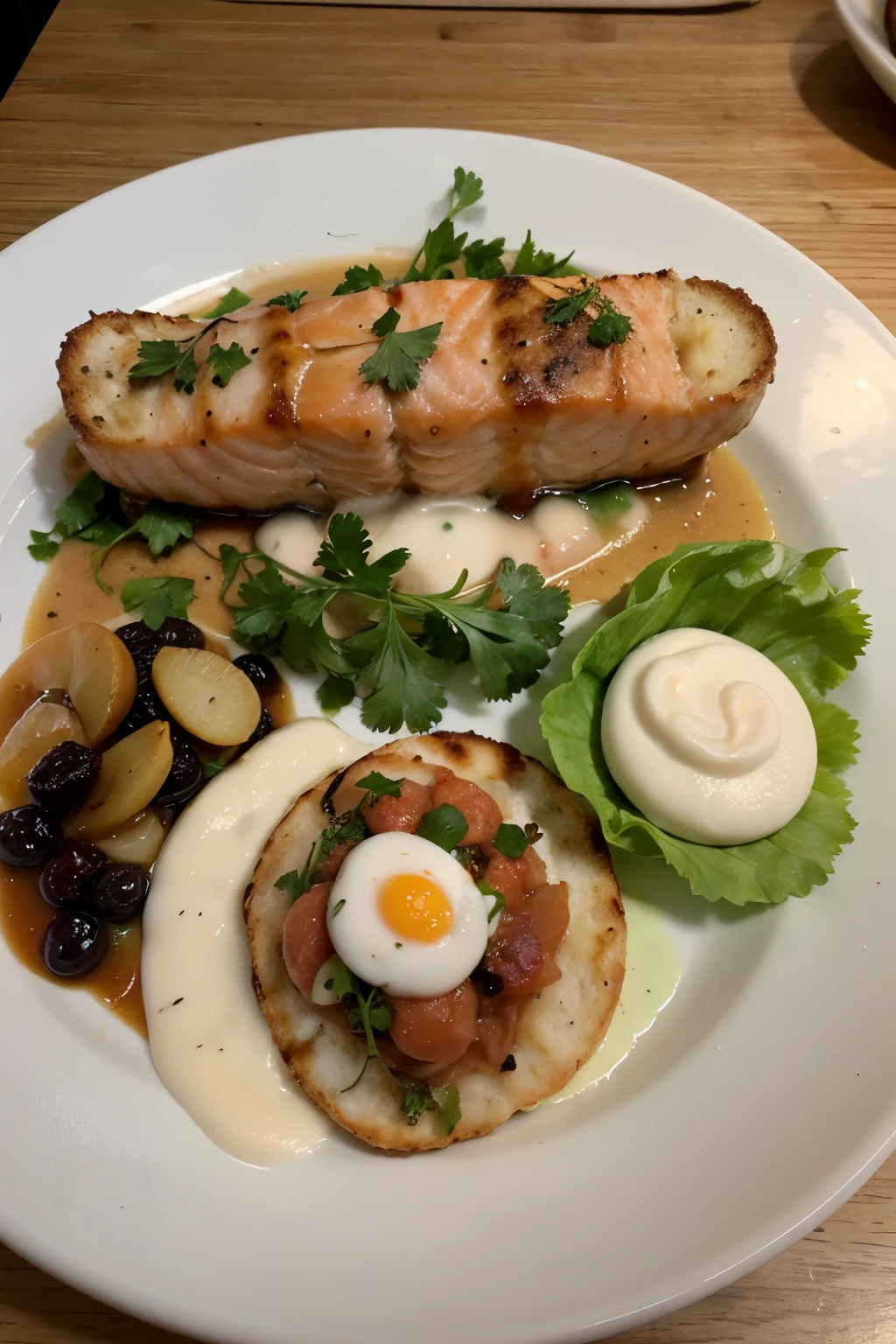 plato con tecnicas culinarias vanguardista de salmon, con papas salteadas y         decoracion de espuma y brotes de berros
