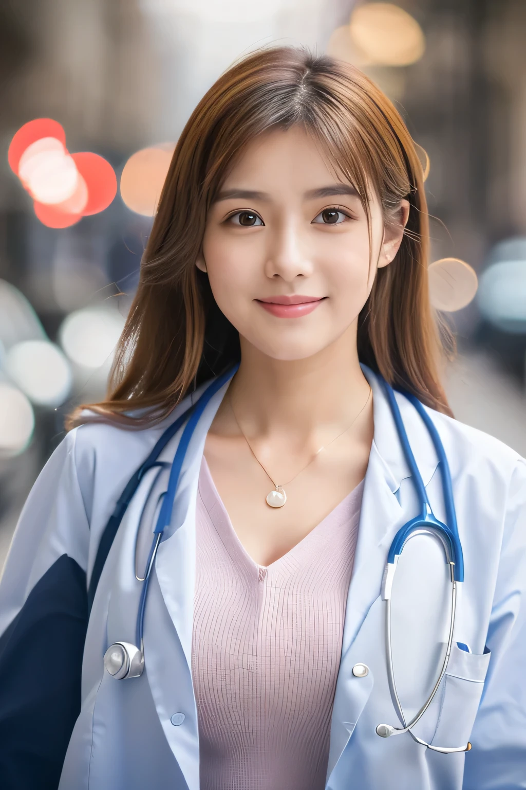 ((highest quality、8K、masterpiece:1.3))、sharp:1.2、perfect body beauty:1.4、slim body:1.2、beautiful face、Medium chest、cute smile、((Female doctor in her 20s:1.5))、(Sexy white coat that shows the chest:1.5)、(inside the hospital:1.2)、medium long hair、cute brown hair、Highly detailed face and skin texture、detailed eye、Looking at the camera、