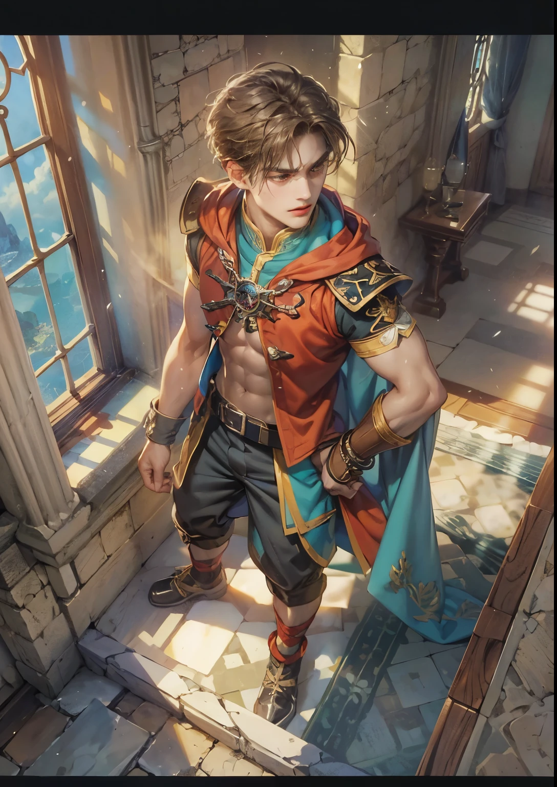 (absurdres, highres, ultra detailed, HDR), masterpiece, intricate details, best quality close-up picture of a character from Suikoden 5, an adventurer with handsome looks, cool hero, short hair, anime eyes, matured teen, fantastic outfit showing chest, crop top, detailed cathedral interiors, window beach scenery, detailed character, art kenouji