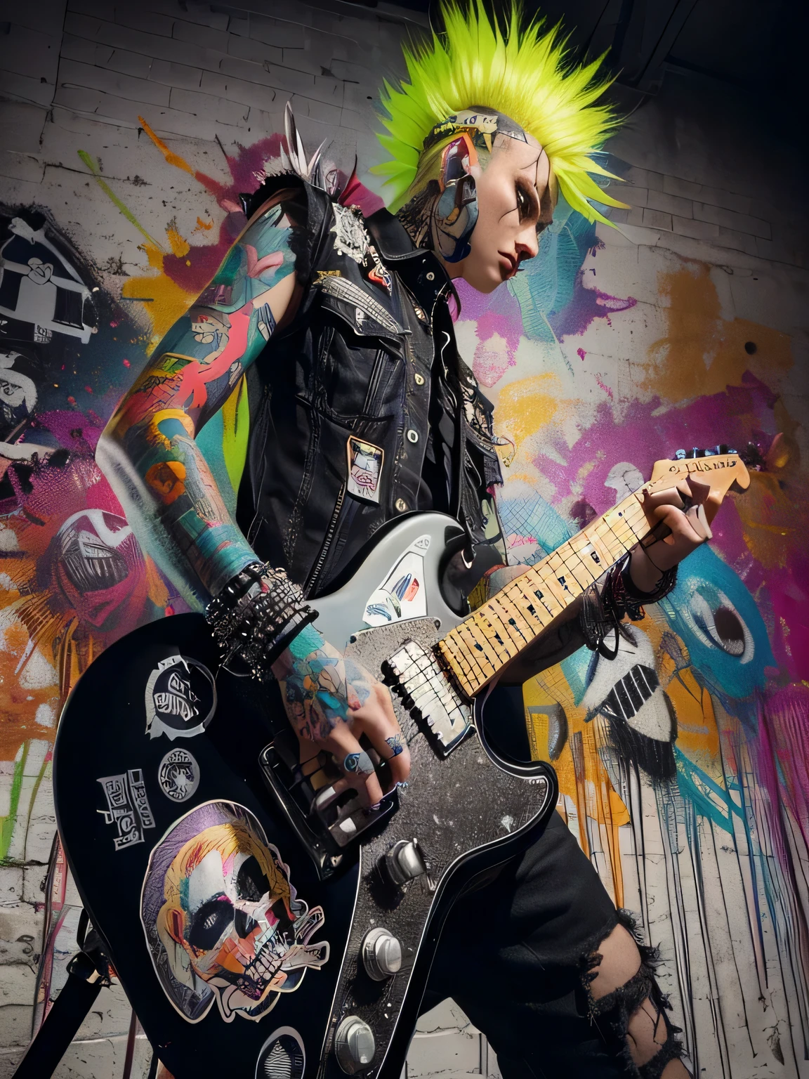 arafed man with punk hair and piercings playing a guitar, punk-rocker, punk portrait made out of paint, punk rocker, atomic punk, punk rock with mohawks, punk art, dark neon punk, portrait of a male punk, punk, punk style, punk rock poster, chaotic punk, pop punk art style, diesel punk 