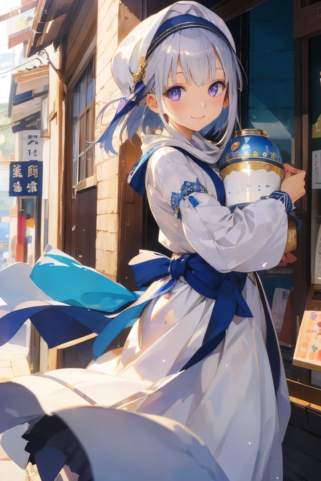 Arab national costume、traveler&#39;s clothes、traveling merchant、smile super high resolution, Super detailed, highest quality, purple eyes、bangs、arrange bangs、short bob、silver blue color hair、Crisp eyes、
thin, cute, perfectly symmetrical face, 超cute girl, 超cute face, highly detailed eyes, Super detailedな髪, 超cute, super beautiful,
Made by Canon EOS, SIGMA Art Lens 35mm F1.4, ISO200 Shutter speed 2000,
