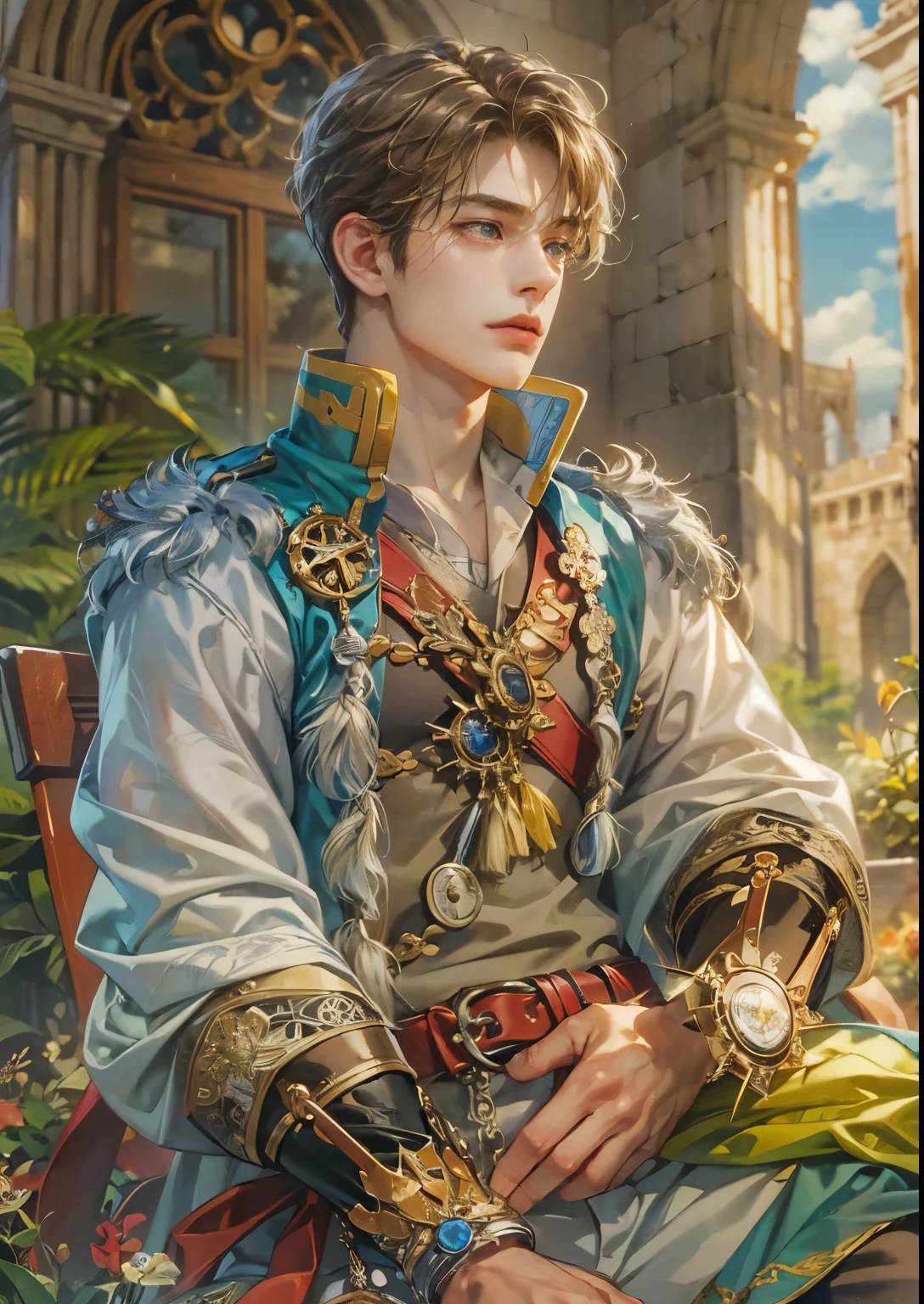 (absurdres, highres, ultra detailed, HDR), masterpiece, intricate details, best quality close-up picture of a character from Suikoden 5, an adventurer with handsome looks, cool hero, short hair, anime eyes, matured teen, fantastic outfit showing chest, crop top, detailed cathedral interiors, window beach scenery, detailed character, art kenouji