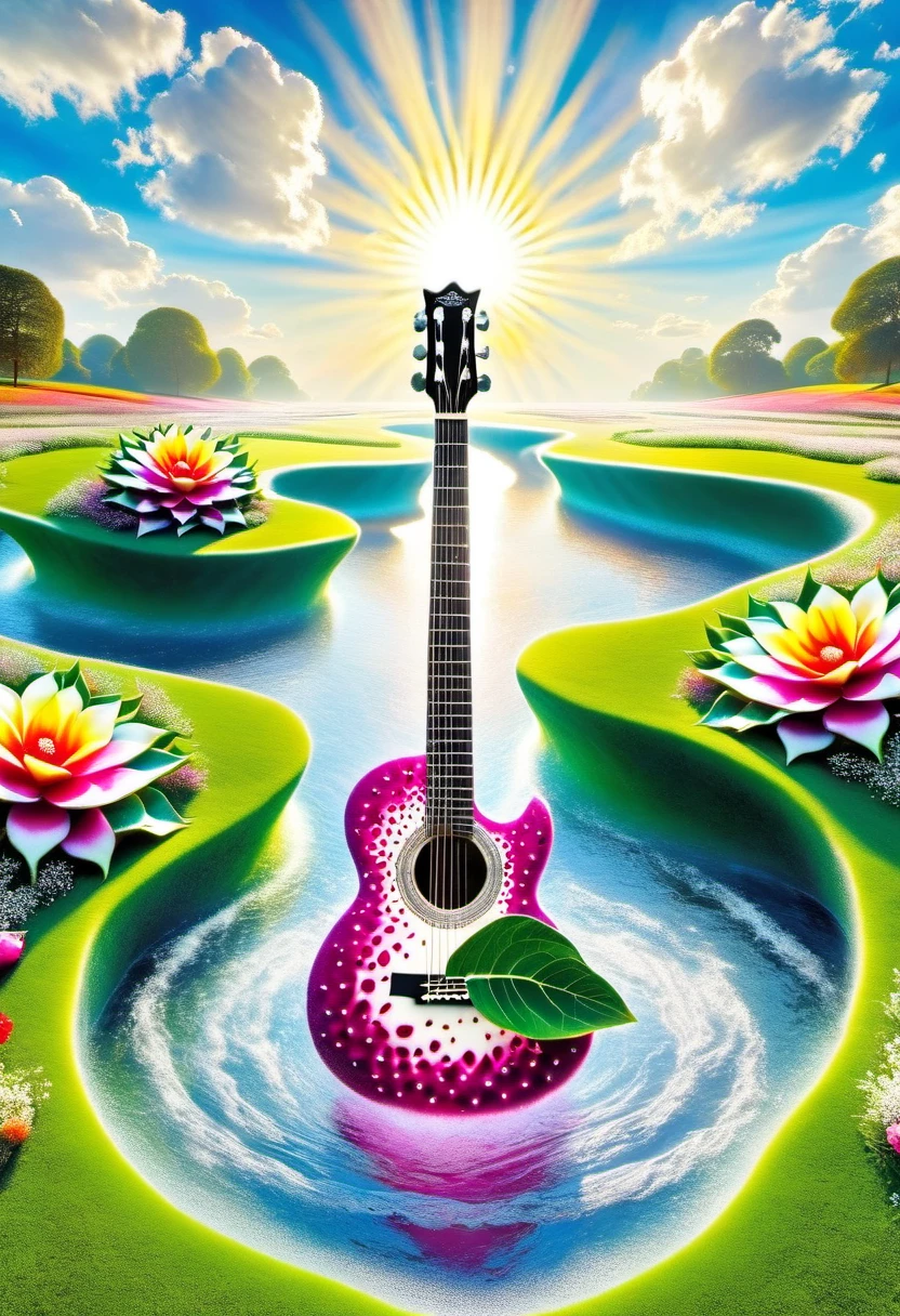 A guitar made of dragon fruit floats in the river, half leaking out, surrounded by a small amount of green grass and flowers. The sunlight shone on its face, creating a beautiful scene. It has a surreal style, bright colors, and high-definition photography. I can't believe how beautiful these photos are! High definition, high-resolution, wide-angle lens, panoramic, water splashing effect, floating instrument, natural scenery, brilliant sunshine, ((Marc Chagall style:1.6)), Amazing naive art, primitivism, original gene,((best quality, masterpiece)), (higher detail), Impressionism:1.1, 8K