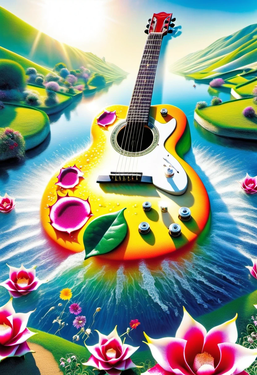 A guitar made of dragon fruit floats in the river, half leaking out, surrounded by a small amount of green grass and flowers. The sunlight shone on its face, creating a beautiful scene. It has a surreal style, bright colors, and high-definition photography. I can't believe how beautiful these photos are! High definition, high-resolution, wide-angle lens, panoramic, water splashing effect, floating instrument, natural scenery, brilliant sunshine. Surrealist style, ((Marc Chagall style)), Amazing naive art, primitivism, original gene,((best quality, masterpiece)), (higher detail), Impressionism:1.1, 8K