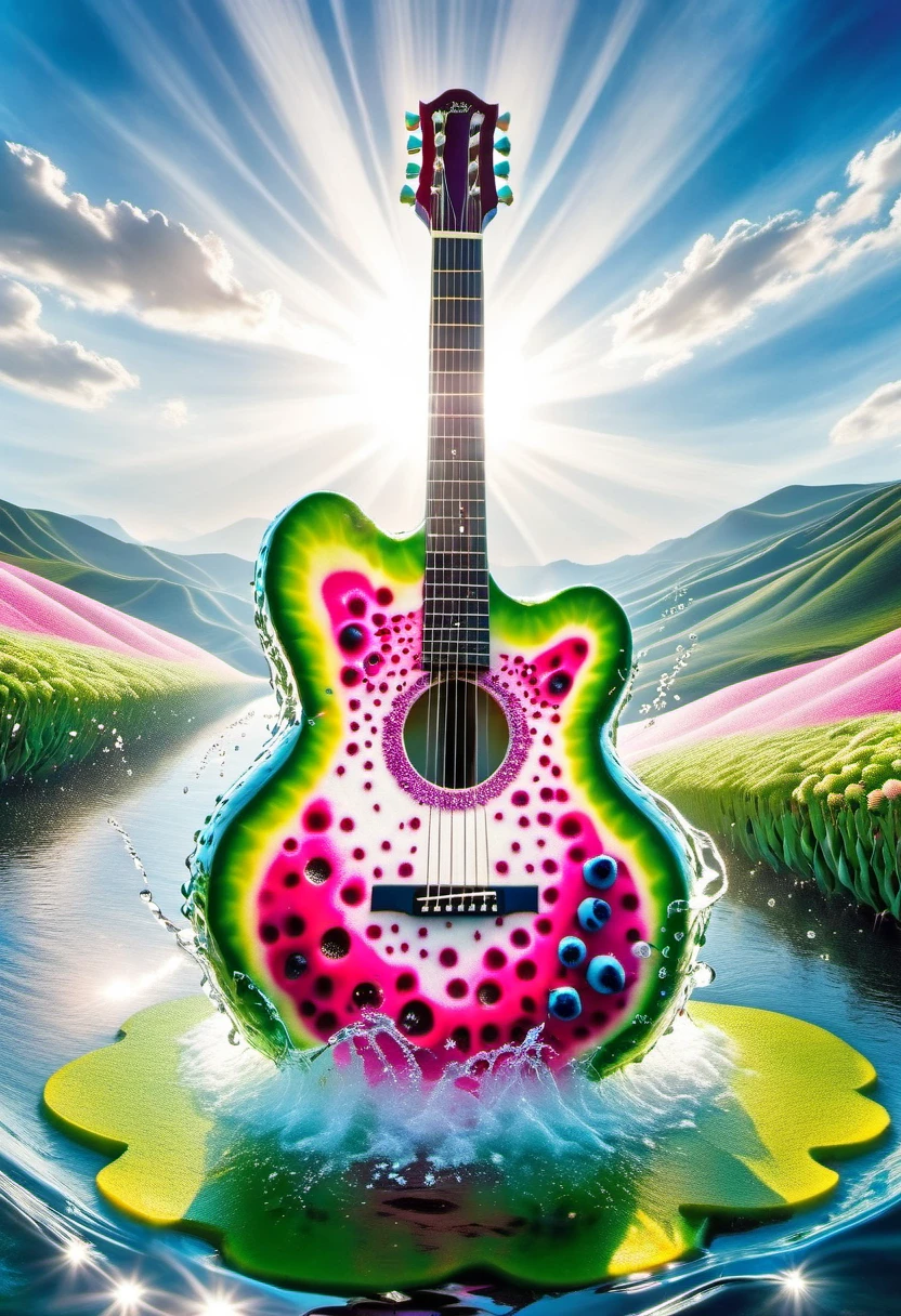 A guitar made of dragon fruit floats in the river, half leaking out, surrounded by a small amount of green grass and flowers. The sunlight shone on its face, creating a beautiful scene. It has a surreal style, bright colors, and high-definition photography. I can't believe how beautiful these photos are! High definition, high-resolution, wide-angle lens, panoramic, water splashing effect, floating instrument, natural scenery, brilliant sunshine. Surrealist style, ((Marc Chagall style)), Amazing naive art, primitivism, original gene,((best quality, masterpiece)), (higher detail), Impressionism:1.1, 8K