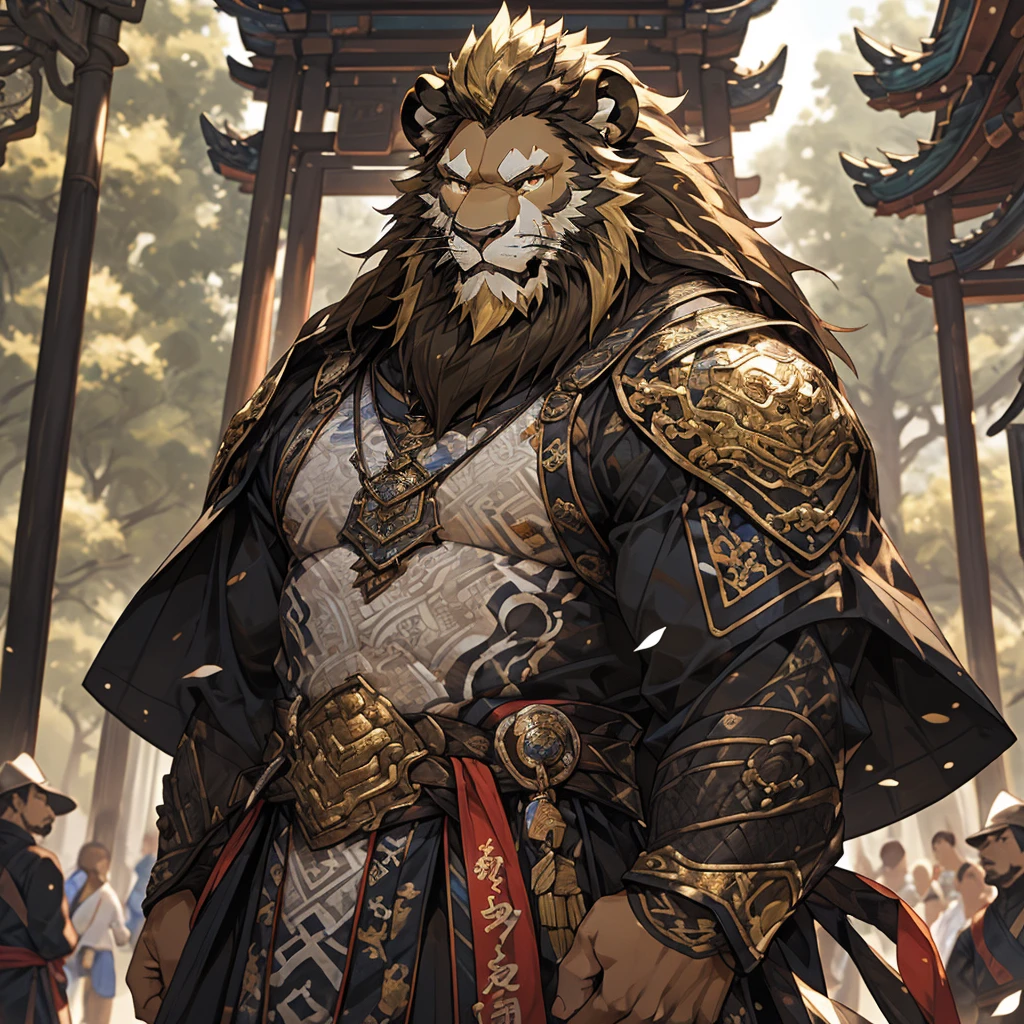 金色皮肤lion),(黑白阴阳General战袍),Bow and arrow on his back,strong posture,stand calmly,(In the background is a city covered in forest:1.2),abdominal muscles,heroic posture飒爽,完美的masterpiece,Various facial details,distance perspective,specific description,masterpiece,CG,(golden eyes),black and white pattern,Crimson tail,General,heroic posture,lion,Black and gold fur,Specific facial details,Half body,(黑白阴阳General战履),(Chang Ling),((middle aged)),(Face focus),(16K),HD,black and white belly,Chinese style,beard,(Face line),different students,(Black and white yin and yang shirt),(Black and blond hair),Strong,muscle,(High resolution:1.3),(Standing in front of a city covered by forest),(close up),(Detailed face:1.5),Perfect details,(Half body),(Detailed depiction of face:1.5),(Zoom in on face:1.5),(白色Face line:1.2),(黑色beard:1.3),(white face;1.6),golden body lion