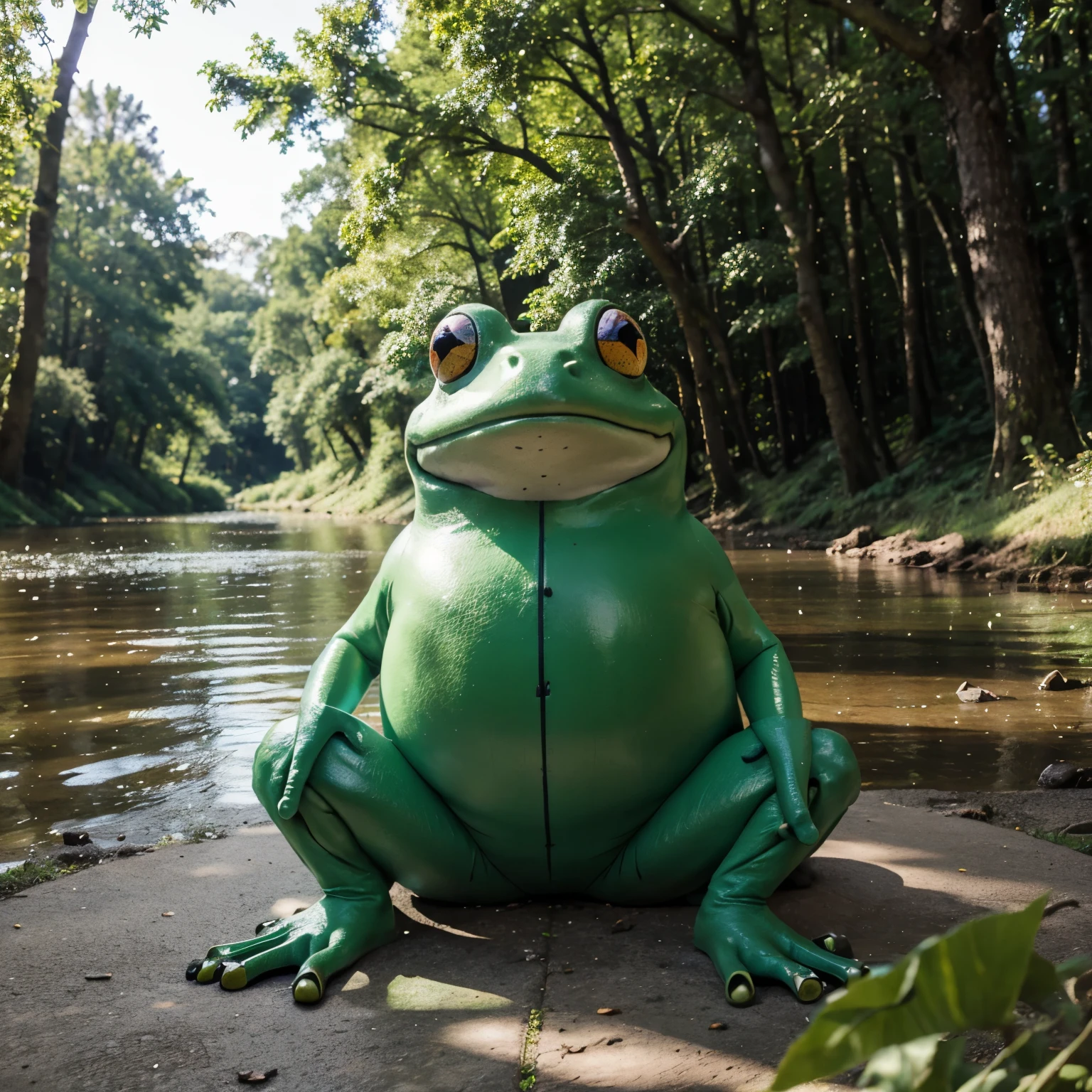 Happy big frog going towards the river in a sunny day in the forest