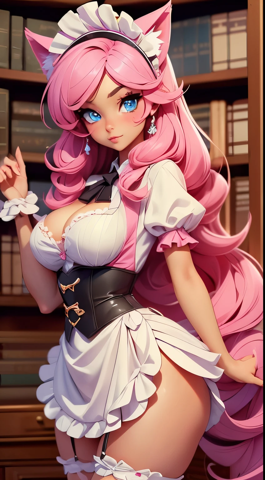 1girl, beautiful, sexy, big breasts, small waist, pink hair, wolf girl, wolf ears, huge ass, huge breasts, maid, in maid outfit, blue eyes, dusting, mansion, feather duster, library, bookshelf