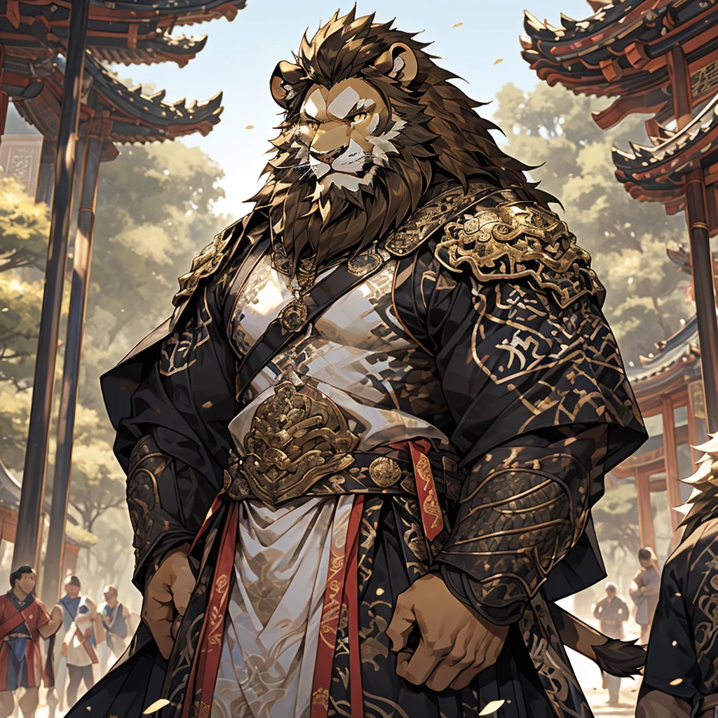 金色皮肤lion),(黑白阴阳General战袍),Bow and arrow on his back,quiver，strong posture,stand calmly,(In the background is a city covered in forest:1.2),abdominal muscles,heroic posture飒爽,完美的masterpiece,Various facial details,distance perspective,specific description,masterpiece,CG,(golden eyes),black and white pattern,Crimson tail,General,heroic posture,lion,Black and gold fur,Specific facial details,Half body,(黑白阴阳General战履),(Chang Ling),((middle aged)),(Face focus),(16K),HD,black and white belly,Chinese style,beard,(Face line),different students,(Black and white yin and yang shirt),(Black and blond hair),Strong,muscle,(High resolution:1.3),(Standing in front of a city covered by forest),(close up),(Detailed face:1.5),Perfect details,(Half body),(Detailed depiction of face:1.5),(Zoom in on face:1.5),(白色Face line:1.2),(黑色beard:1.3),(white face;1.6),golden body lion