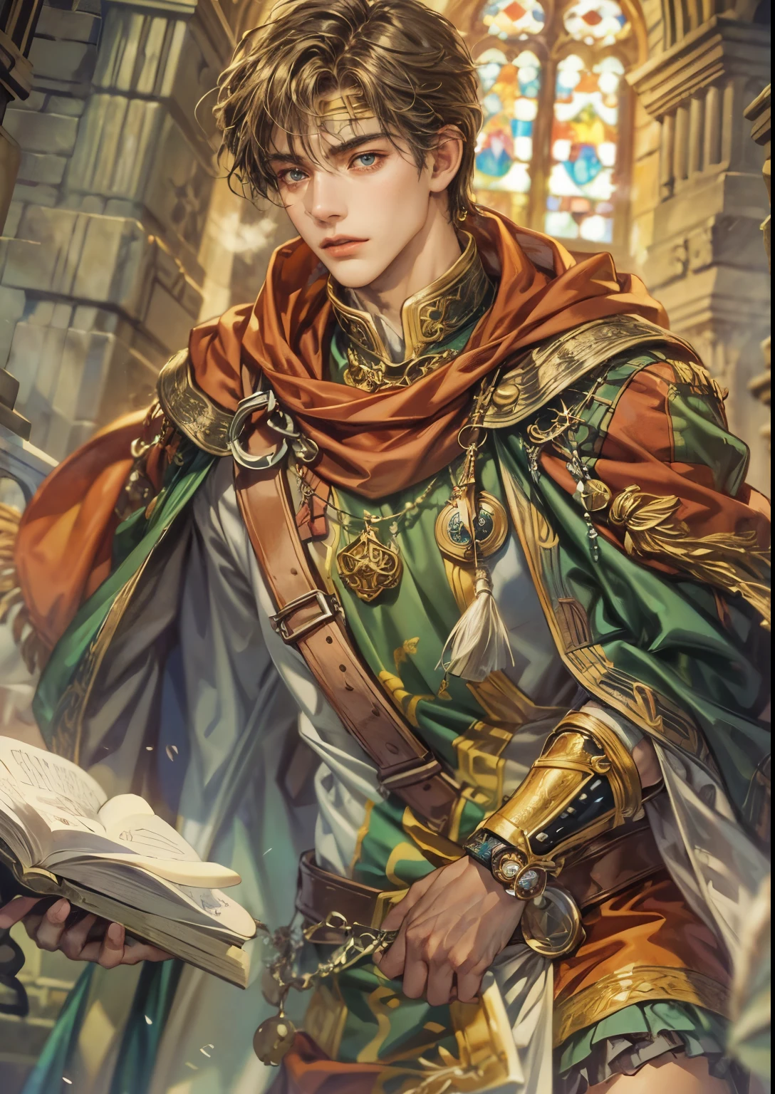 (absurdres, highres, ultra detailed, HDR), masterpiece, intricate details, best quality close-up picture of a character from Suikoden 5, an adventurer with handsome looks, cool hero, short hair, anime eyes, matured , fantastic outfit showing chest, crop top, detailed cathedral interiors, window beach scenery, detailed character, art kenouji