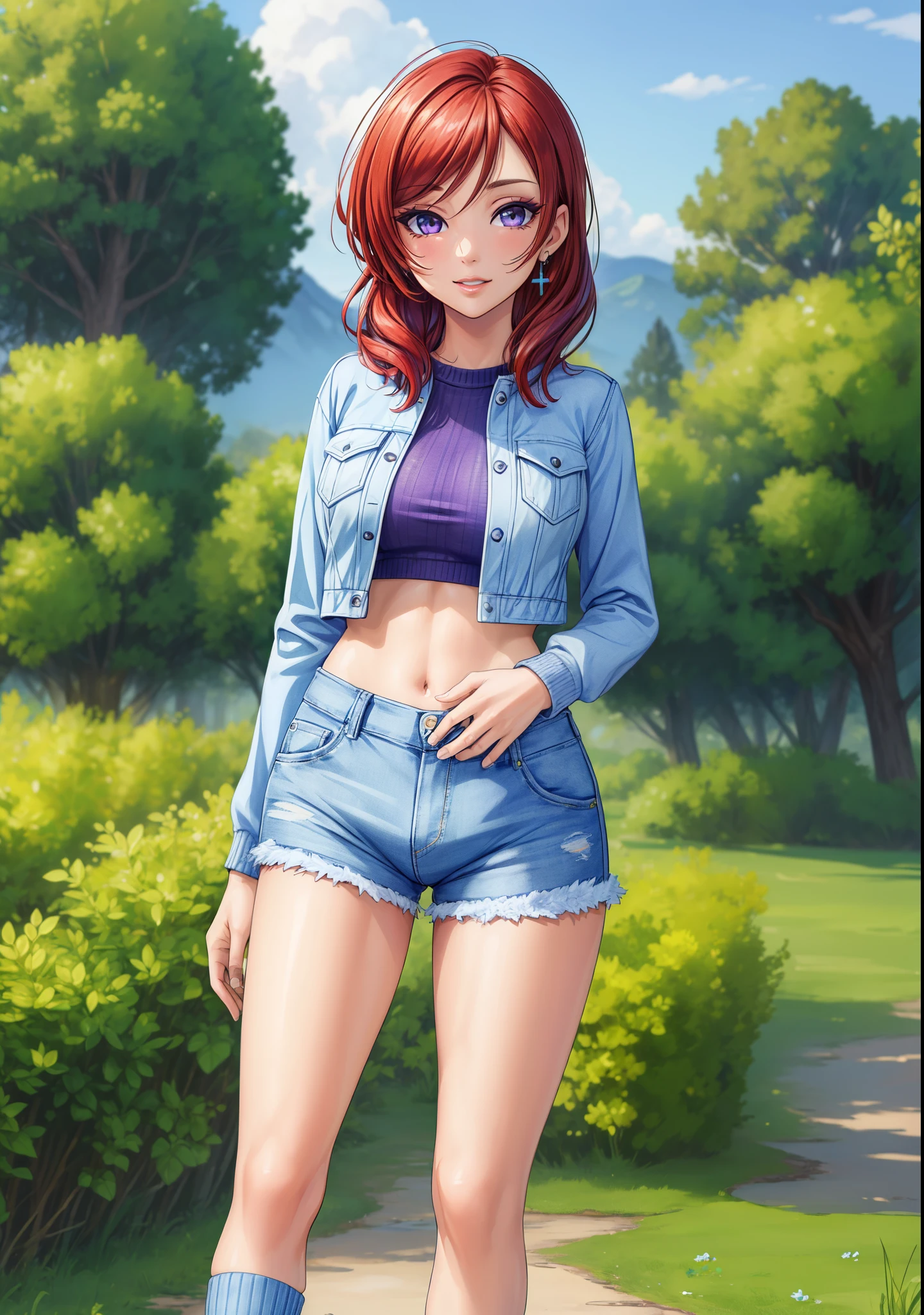 (Masterpiece, Best Quality, High Quality:1.4), professional artwork, well drawn, Intricate Details, field of view,
Nishikino maki, race background, afternoon, 
Red hair, lipstick, makeup, ultra detail hair, ultra detail face, perfect eyes, perfect face, earring, purple eyes, Looking at Viewer, flirting, one hand on hip,
Tight short denim shorts, crop jacket, tight sweater, long socks.