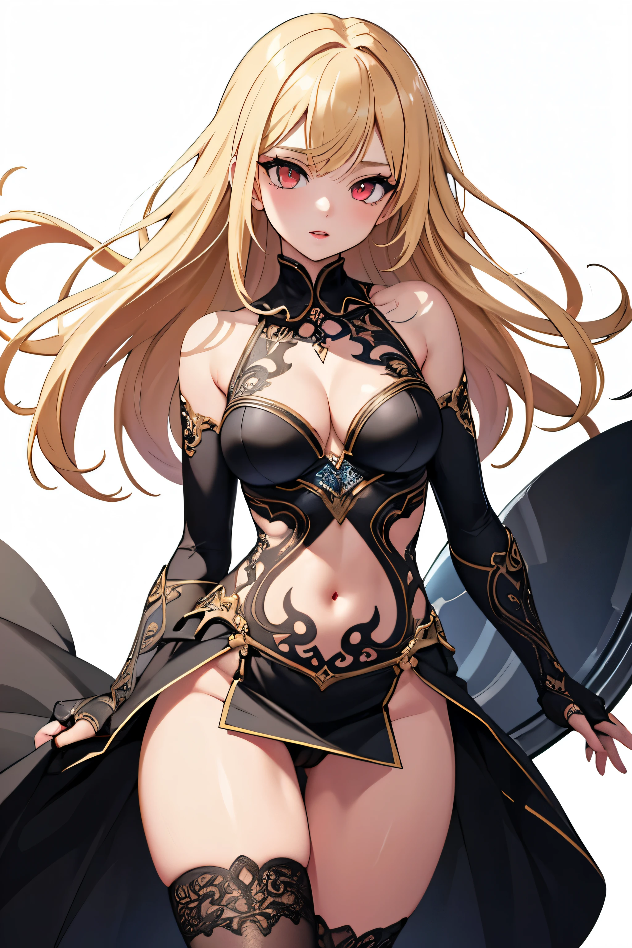 1girl, anime, cute girl, blank background, white background, fantasy, detailed fantasy dress with highlights, beautiful face, beautiful eyes, dark colors, black hair with multicolor streaks, red eye with different color pupil in eye, multicolor eye, medium small breasts (slightly big), slight cleavage, beautiful skin, cute, breast curtains, extremely delicate and beautiful, (beautiful detailed face:1.0), (detailed deep eyes), symmetrical breasts, deep eyes, shiny skin, portrait, slender waist, hips wider than shoulders, thighs, expressionless, young girl, luminous eyes, adorable，（Kpop idol）,（aegyo sal：1），（Platinum blonde hair：1），（（puffy eye）），Black panty，sexy posture，Superskirt, ultra high resolution，Black collar，slim figure, Abdominal y tattoo, womb tattoo，Tight-fitting leg ring，y tattoo on half-body，Bare skin, Armored hand，Hidden fingertips，Hand covered，Arm covered，Fist covered,{{beautiful detailed fingers}}, tufts of hair, moderate beautiful breast:1.0,(masterpiece:1.2), best quality, high-res, HDR, perfect face, intricate armor, delicate blue filigree, intricate filigree, red metalic parts, detailed part, dynamic pose, dynamic lights,