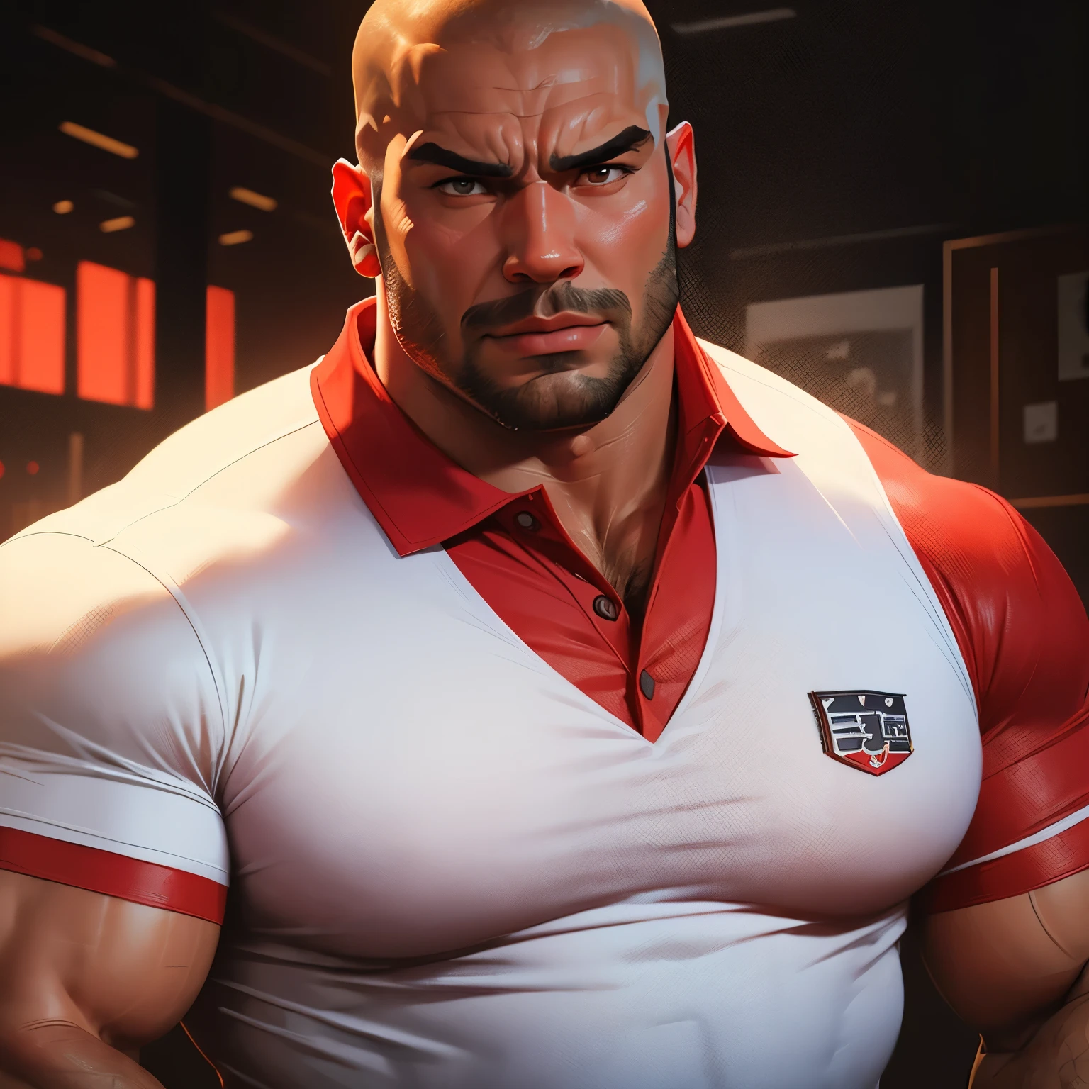 an exaggeratedly muscular and large bald bodyguard, beefy build, mixed race, (wearing red polo shirt: 1.2), (bara pecs: 1.3), (arm and chest hair: 1.1), close-up portrait HD, sports stadium
