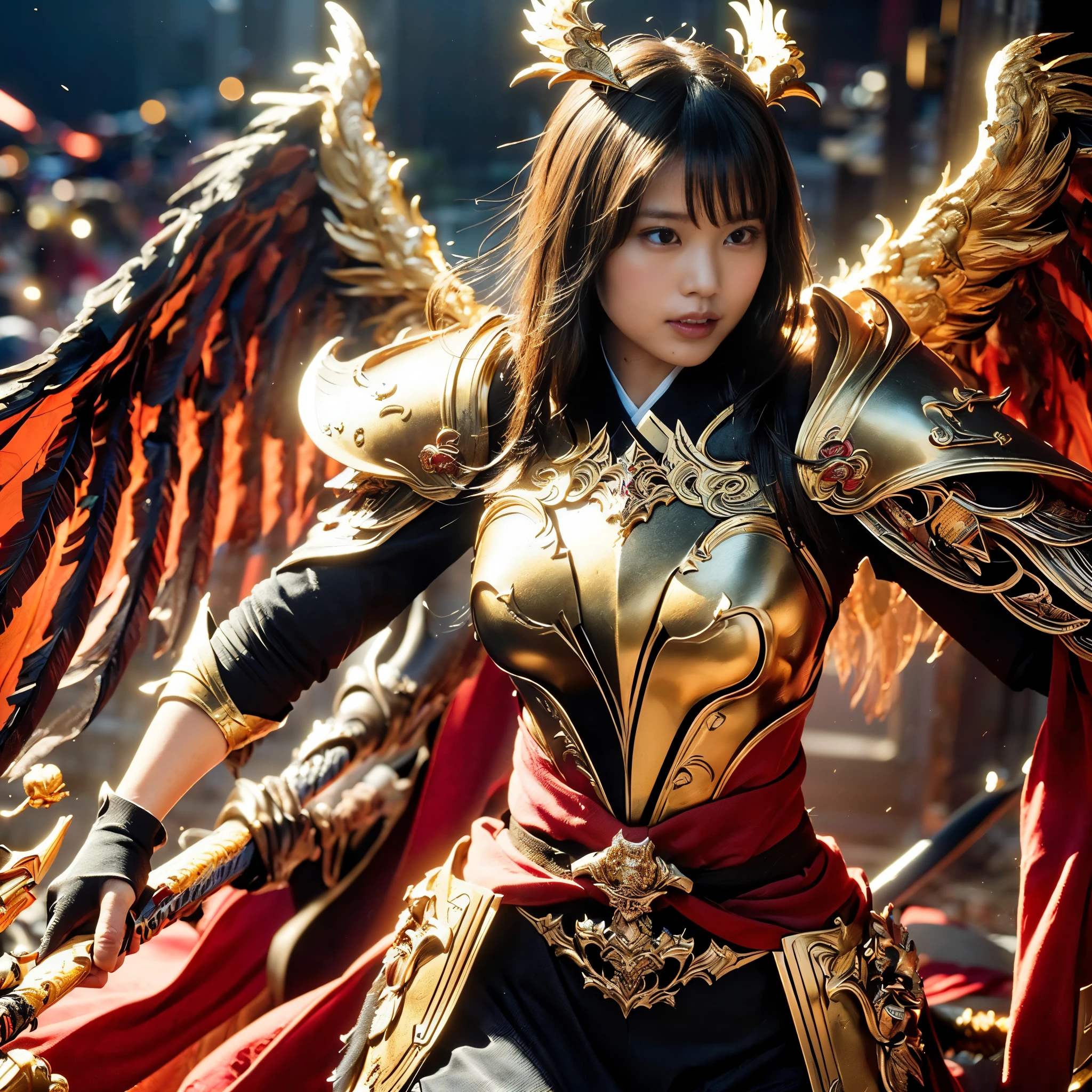 (((Realistic, masterpiece, best quality, crisp detail, high definition, high detail, very rich detail, sharp focus, sharp detail, colorful, perfect studio lightning))), ((20 years old goddess, kasumi arimura)),(((in the middle of war, epic war scene, attack stance))), wearing (((beautiful decorated golden heavy armor, decorated full body armor, fully armored beautiful kimono, wide golden phoenix wings))), (flying, swinging katana, blood scattered face, blood tears, blood bath, blood shed), (((fire everywhere, blood everywhere, death everywhere, japan bakumatsu period, dead bodies,carcass,burned japanese castle,hellish,chaos)) traditional village background)