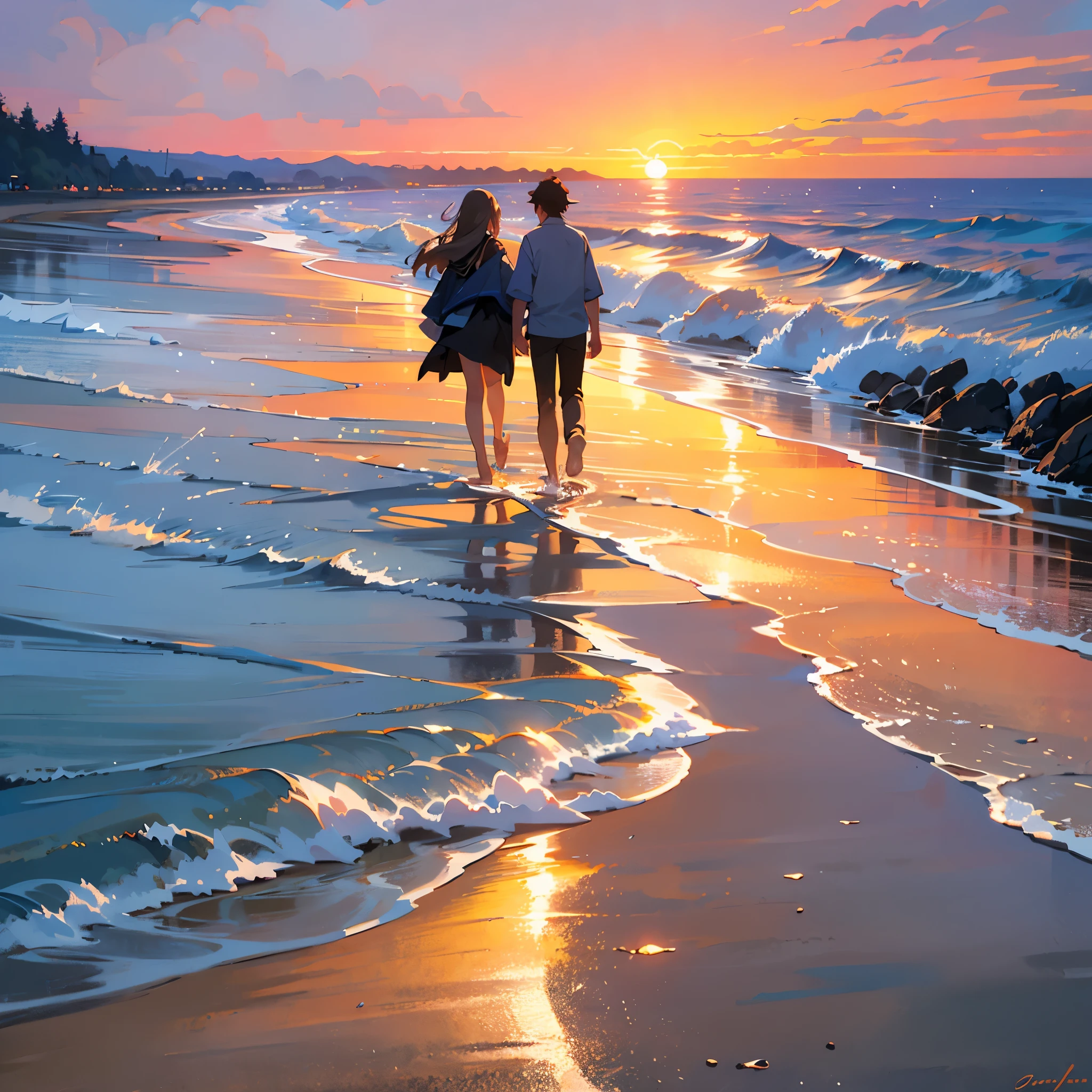 ((sunset)), ((beach)), (couple walking the water in the corner of the painting), painting anime, landscape