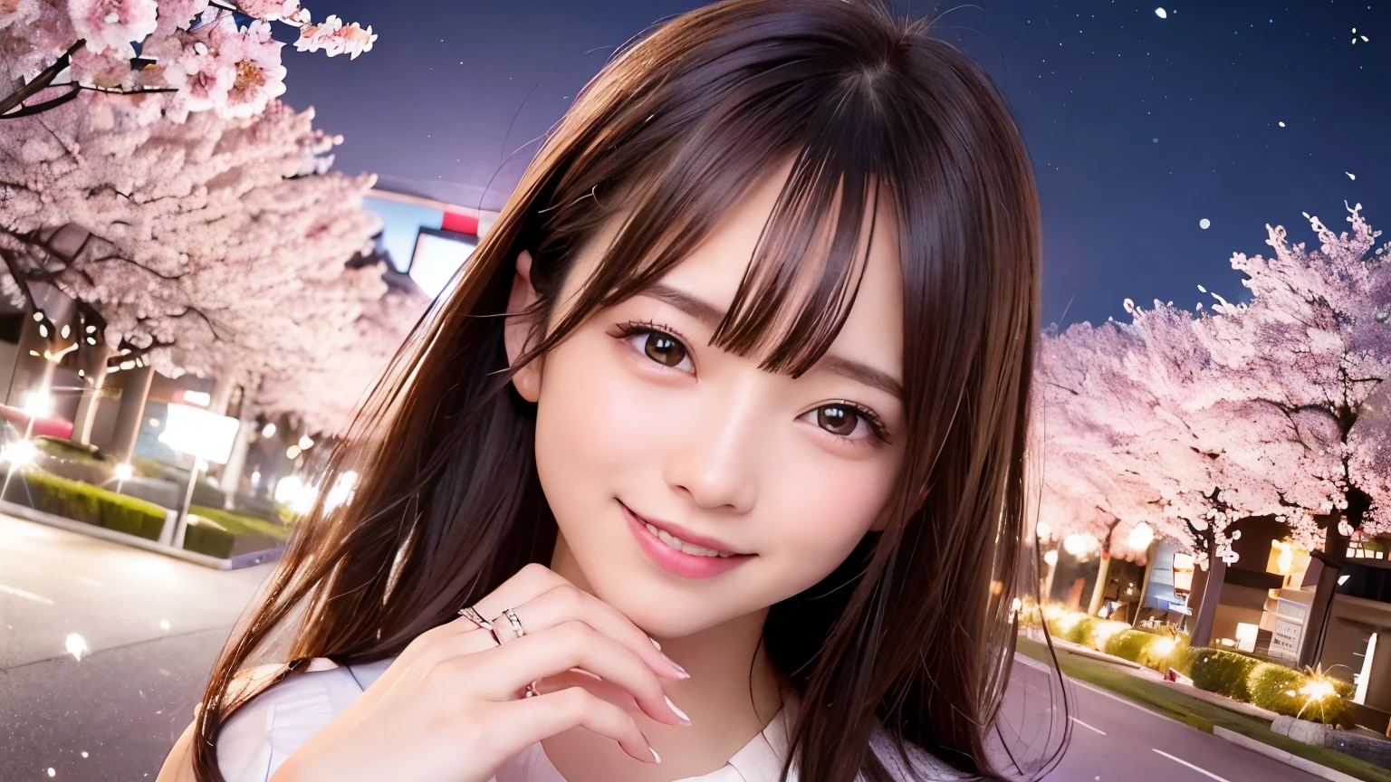 Highest image quality、realistic pictures、Cherry blossom snowstorm night、Cherry blossom trees、Cherry blossoms at night、night time,diamond ring in a box、brilliant cut、ring in the package、０．３karat、diamond ring on ring finger、High-end products、best smile、Happy moments、A smile that makes me cry、Mature twenty  old