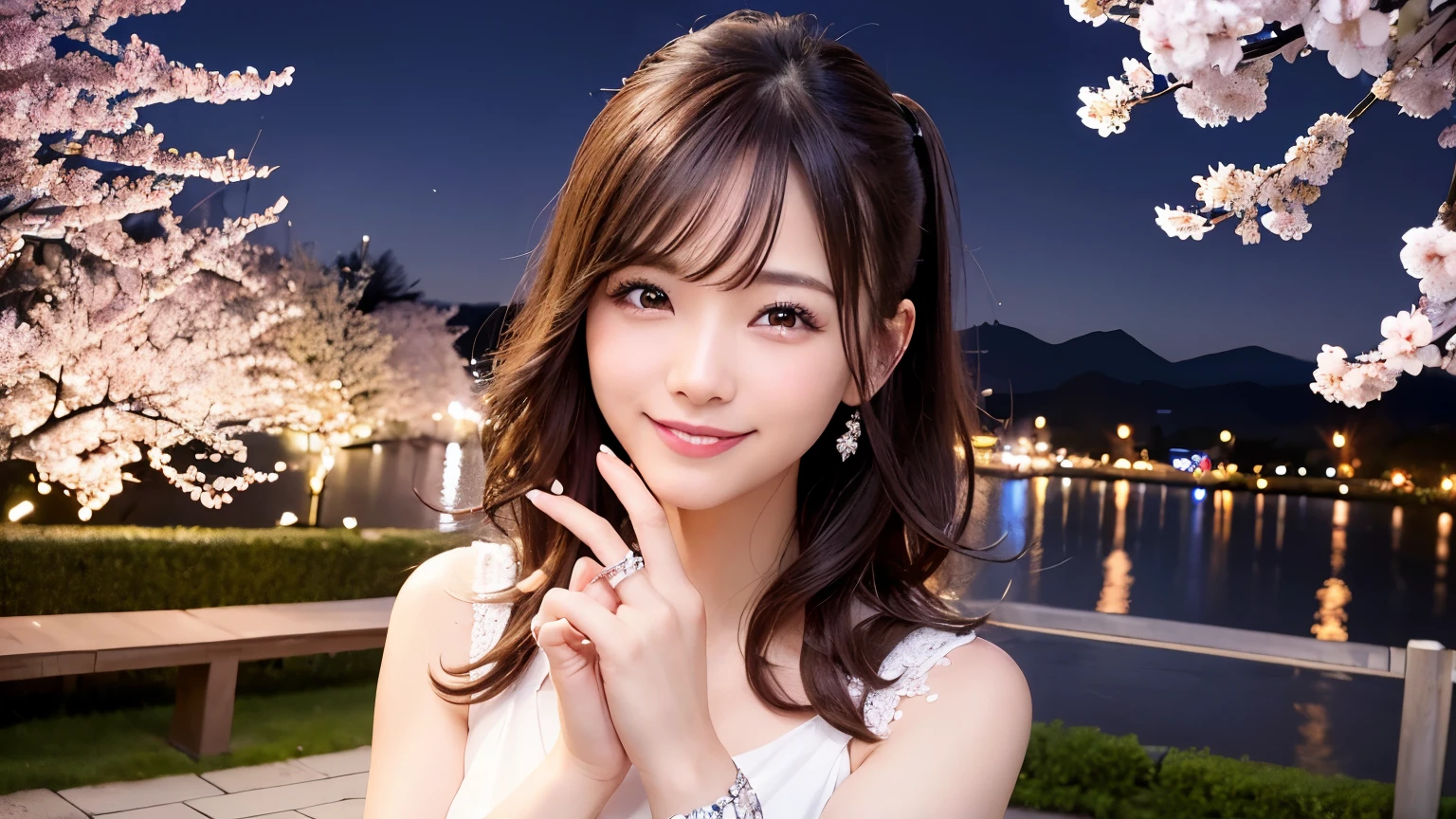 Highest image quality、realistic pictures、Cherry blossom snowstorm night、Cherry blossom trees、Cherry blossoms at night、night time,diamond ring in a box、brilliant cut、ring in the package、0.3karat、diamond ring on ring finger、High-end products、best smile、Happy moments、A smile that makes me cry、Mature twenty year old、