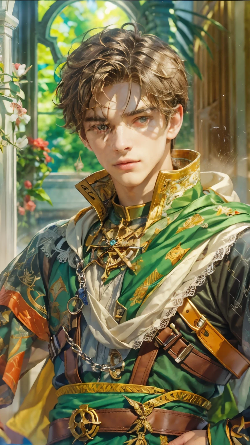 (absurdres, highres, ultra detailed, HDR), masterpiece, intricate details, best quality close-up picture of a character from Suikoden 5, an adventurer with handsome looks, cool hero, short hair, anime eyes, matured , fantastic outfit showing chest, crop top, detailed cathedral interiors, window beach scenery, detailed character, art kenouji