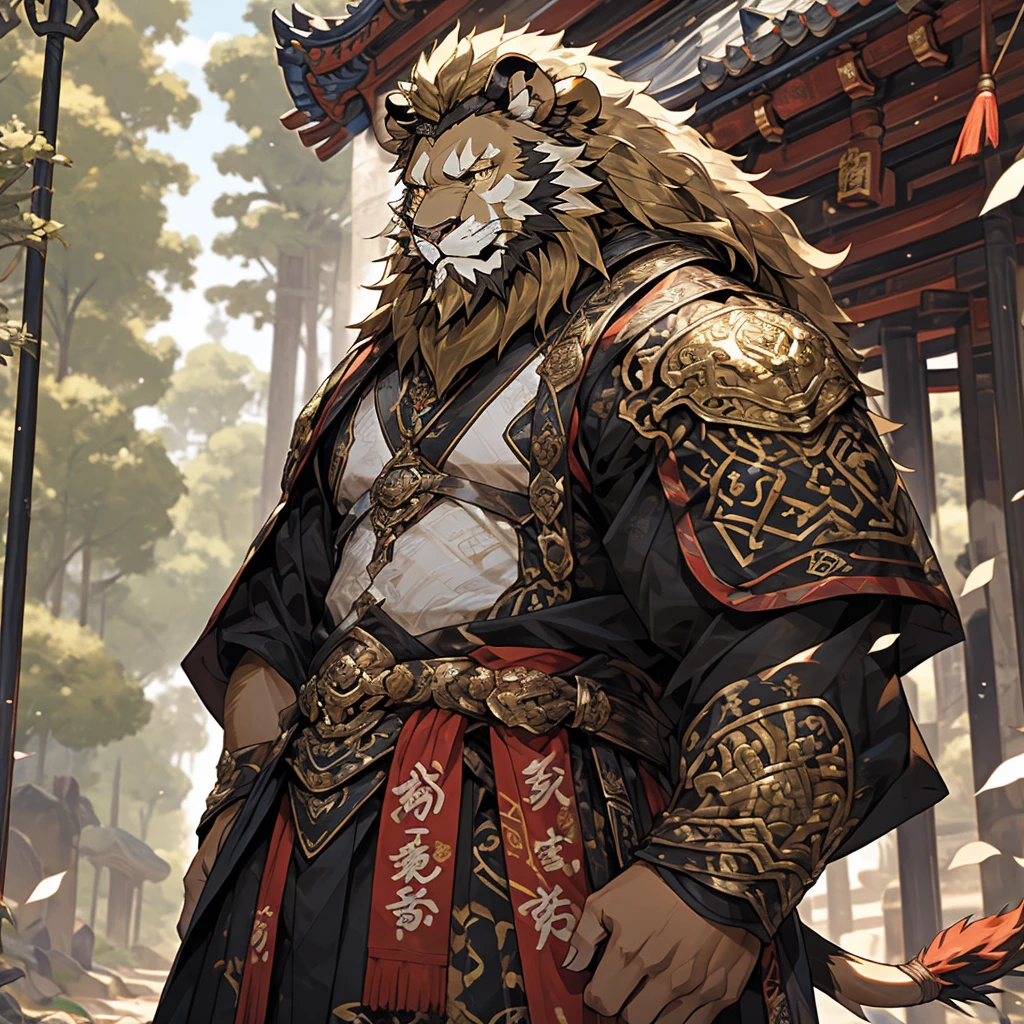 金色皮肤lion),(黑白阴阳General战袍),Bow and arrow on his back,quiver，strong posture,stand calmly,(In the background is a city covered in forest:1.2),abdominal muscles,heroic posture飒爽,完美的masterpiece,Various facial details,distance perspective,specific description,masterpiece,CG,(golden eyes),black and white pattern,Crimson tail,General,heroic posture,lion,Black and gold fur,Specific facial details,Half body,(黑白阴阳General战履),(Chang Ling),((middle aged)),(Face focus),(16K),HD,black and white belly,Chinese style,beard,(Face line),different students,(Black and white yin and yang shirt),(Black and blond hair),Strong,muscle,(High resolution:1.3),(Standing in front of a city covered by forest),(close up),(Detailed face:1.5),Perfect details,(Half body),(Detailed depiction of face:1.5),(Zoom in on face:1.5),(白色Face line:1.2),(黑色beard:1.3),(white face;1.6),golden body lion