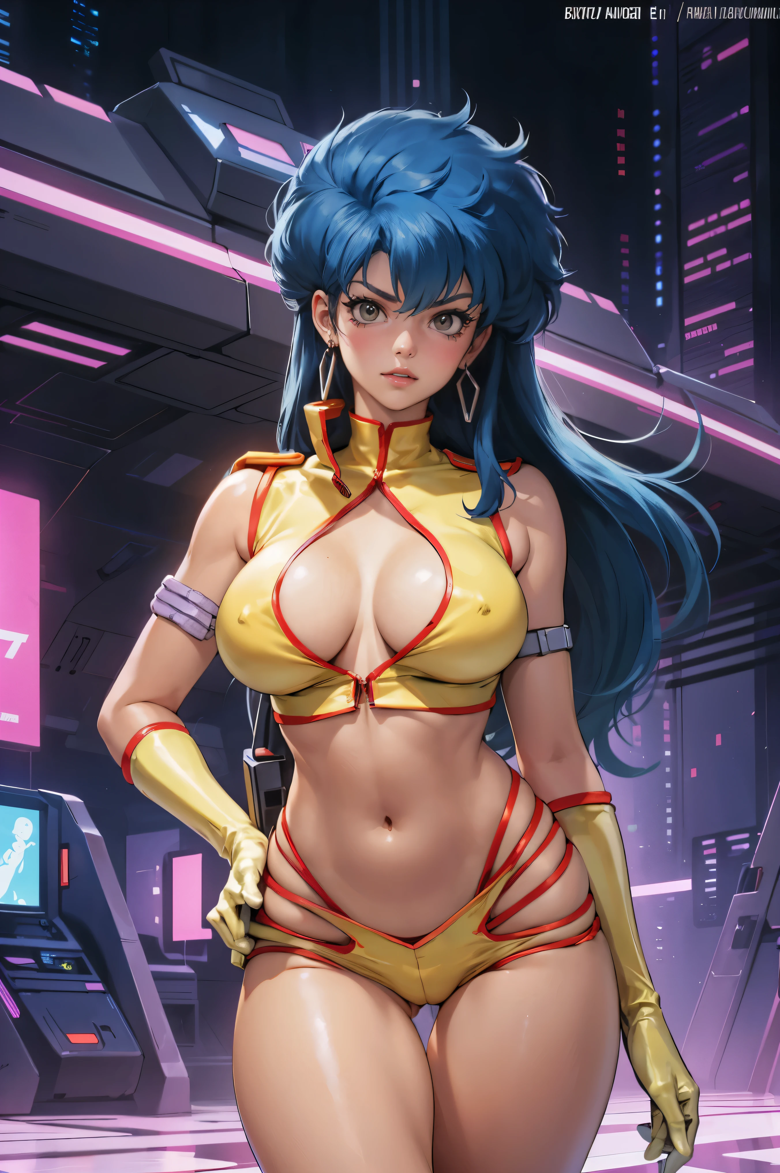 Yuri from The Dirty Pair, , wearing a tight outfit, skimpy, medium breast, (long hair), dark blue hair, beauty, cyberpunk city background, holding retro space-gun, cleavage, slim waist, slim thighs, thigh gap, (light yellow uniform), show belly
