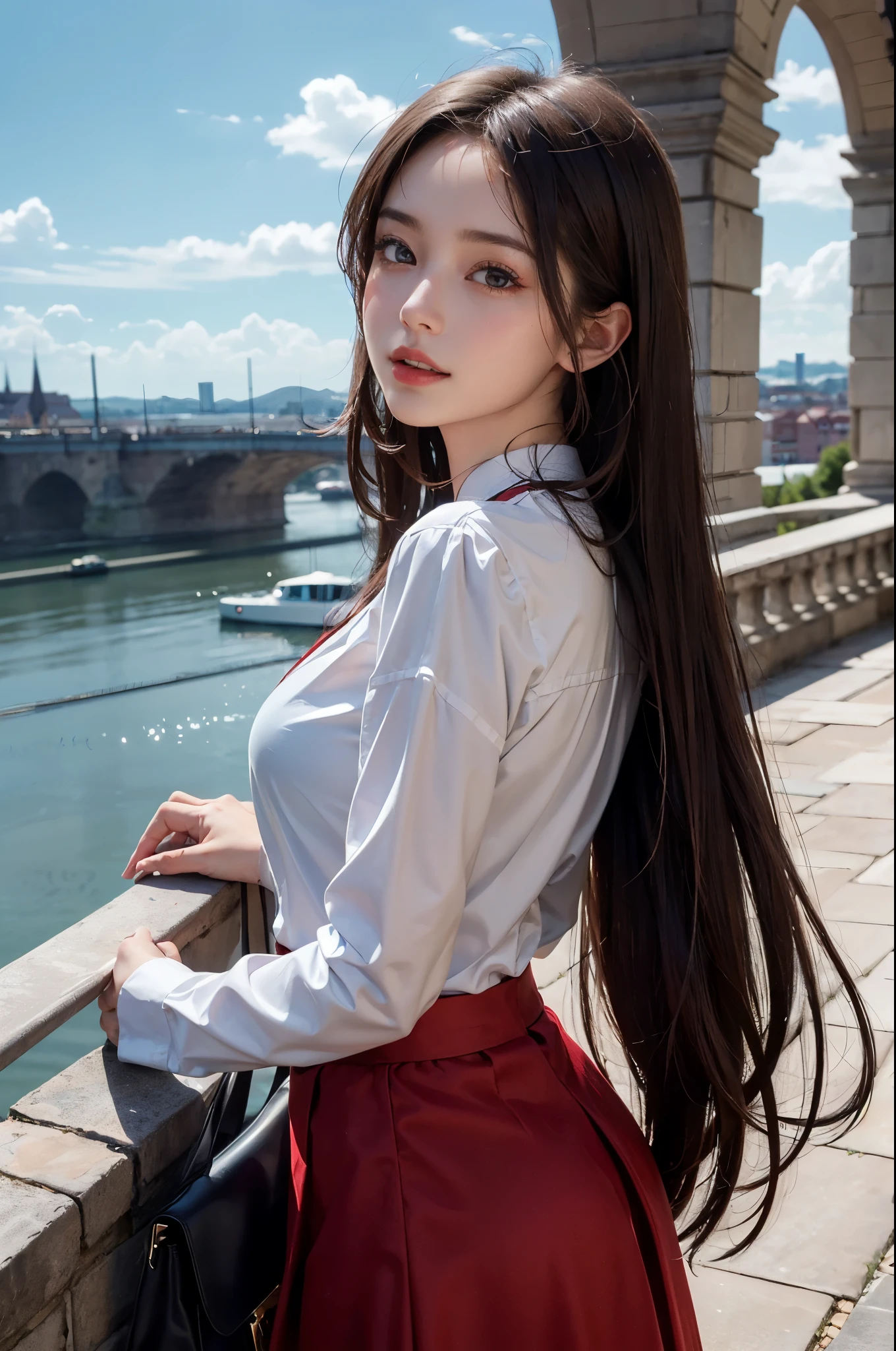 (thick long straight hair:1.2), （Highly detailed CG 8k wallpaper），（Incredibly stylish and beautiful），（masterpiece），（best quality:1.0），（초high resolution:1.0），A beautiful light came on, Realistic Shading，[high resolution]，Smooth, flawless, fair skin，Very detailed facial details，（perfect body:1.1），Ultra-detailed，Beautiful girl，big head，poop head，big face，big eyes，(:1.1)，slim，thin，laugh，jollity，（white collar long sleeve shirt:1.1），（maxi horse face red skirt:1.1），crystal heels，summer，daytime scenery,blue sky，clean clouds，Located in Budapest，in the castle，On the high tower of the castle，standing，Below the castle is a classic European city，closeup，A skirt fluttering in the wind,upper body