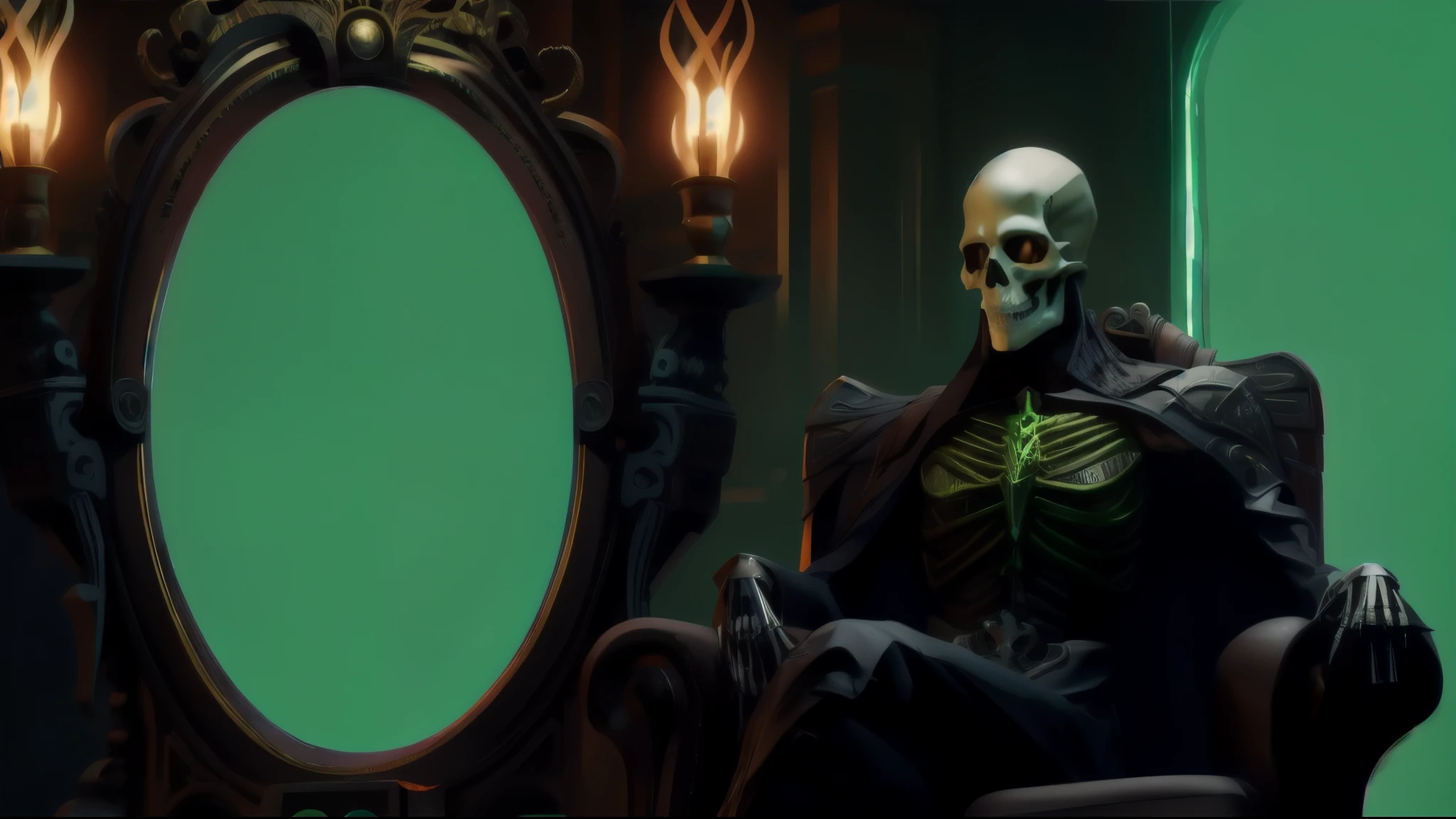 there is a stylized, gothic skeleton sitting on a sumptuous chair with a portal with an infinite background, game overlay, retrato do velho necromante, Necromante sentado com detalhes intrincados, amazing portrait of viego, Skull Liminal Empty Background, Retrato do Necromante, arte de fundo e conceitual, fundo de tela verde, cinematic frame, masterpice, retrato de um necromante sagrado