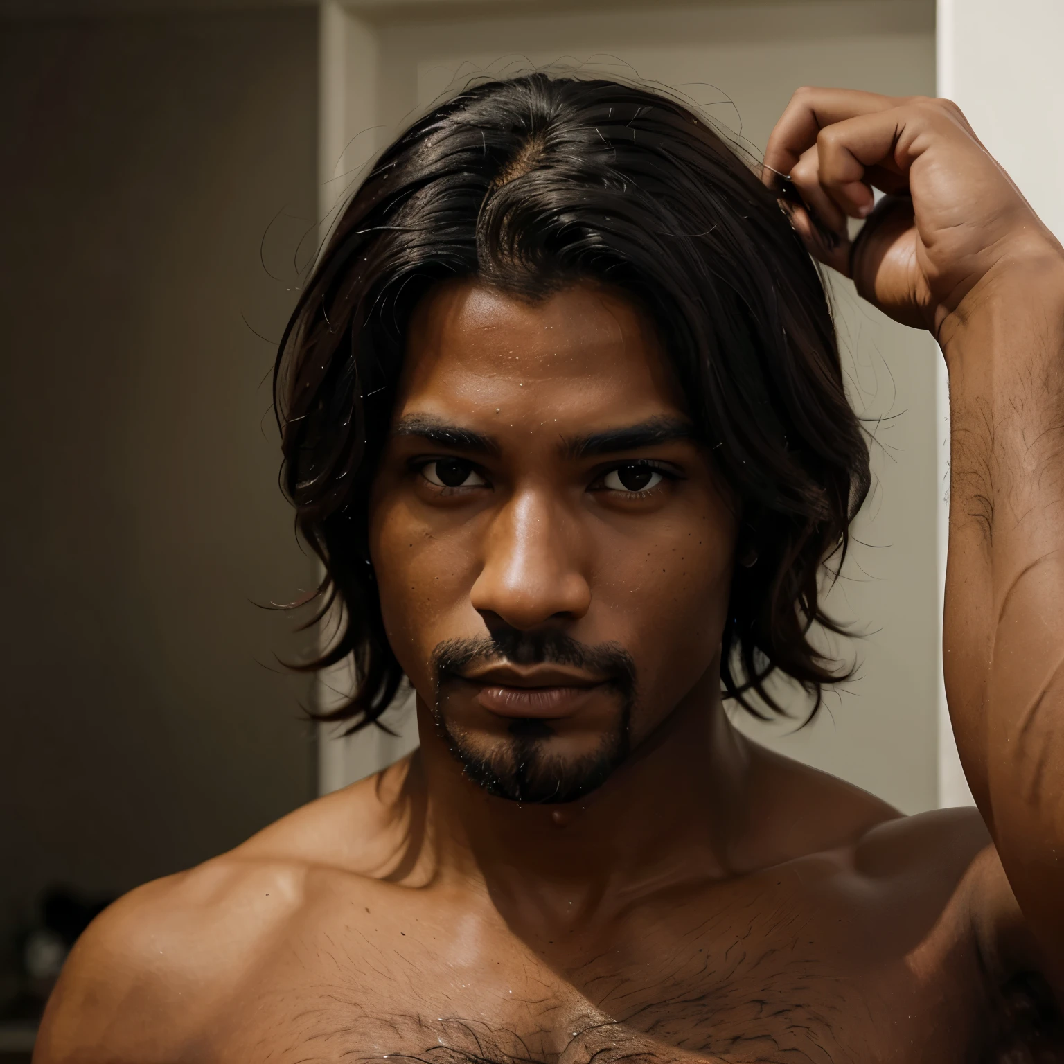 Homen negro, cabelo longo cacheado preto, olhos marrons claro,pornografia