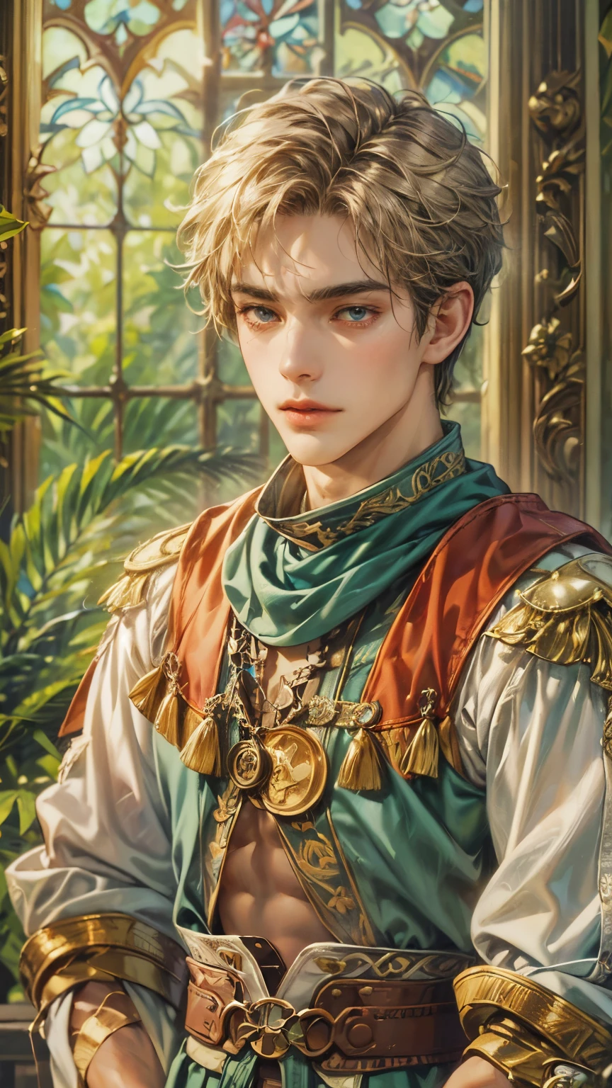 (absurdres, highres, ultra detailed, HDR), masterpiece, intricate details, best quality close-up picture of a character from Suikoden 5, an adventurer with handsome looks, cool hero, short hair, anime eyes, matured , fantastic outfit showing chest, crop top, detailed cathedral interiors, window beach scenery, detailed character, art kenouji